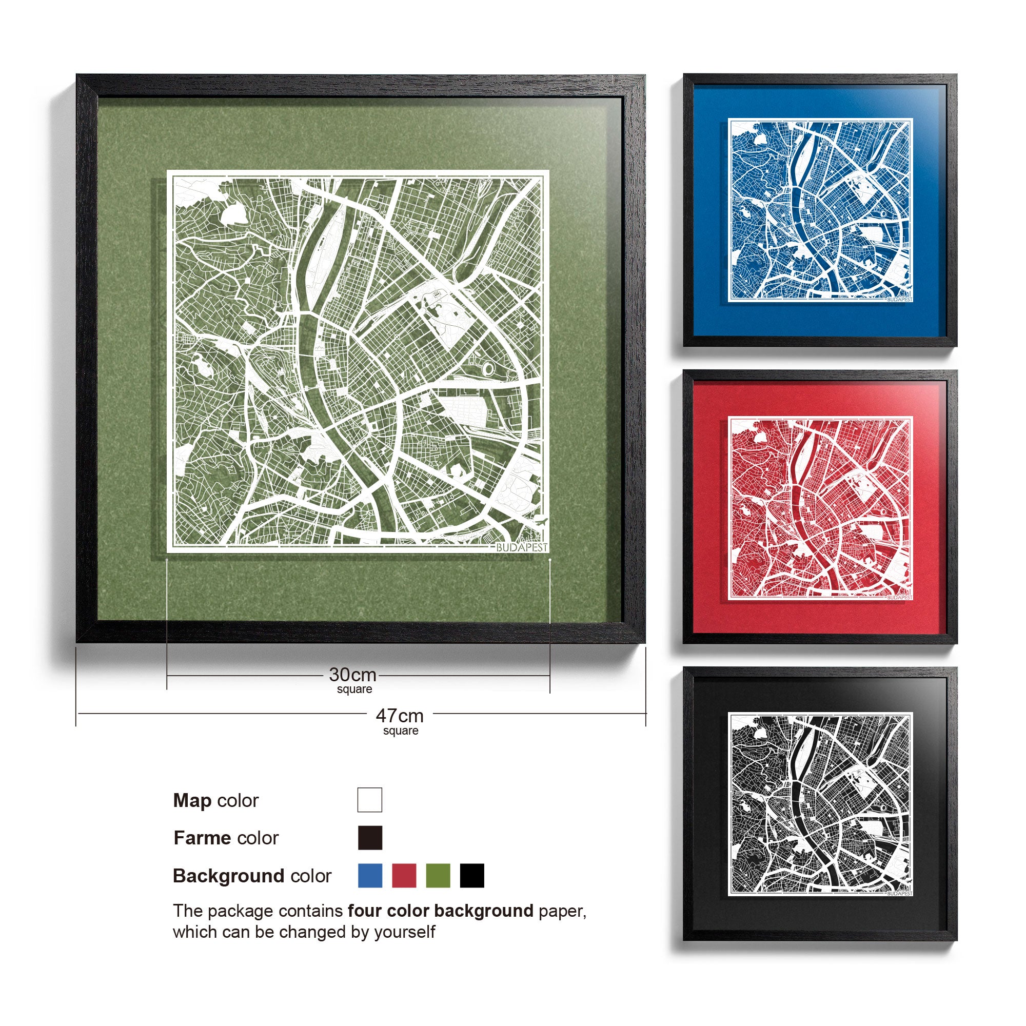 o3designstudio-Budapest-Paper-cut-map-framed-18-inch-White map Black frame-45MF3016BW