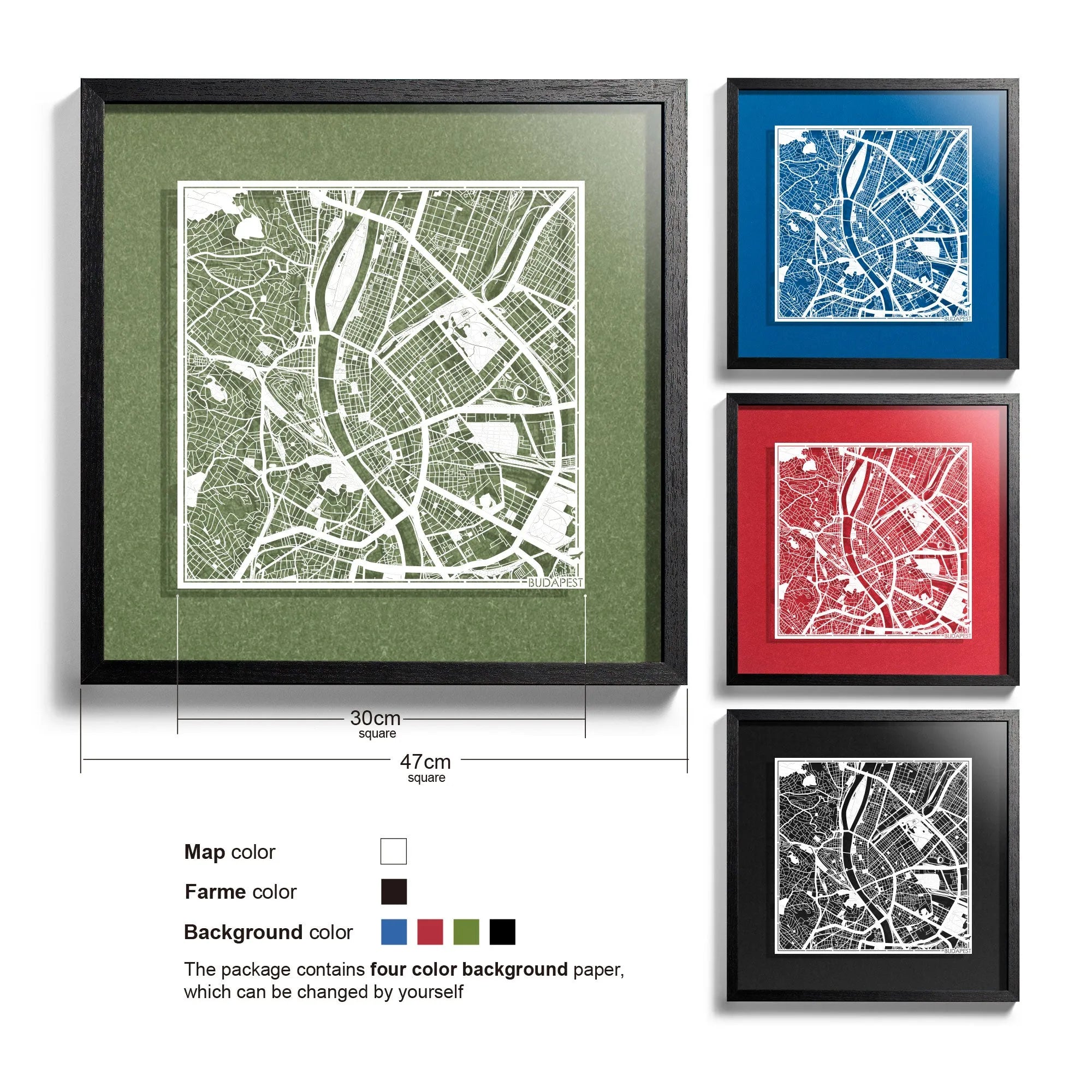 o3designstudio-Budapest-Paper-cut-map-framed-18-inch-White map Black frame-45MF3016BW