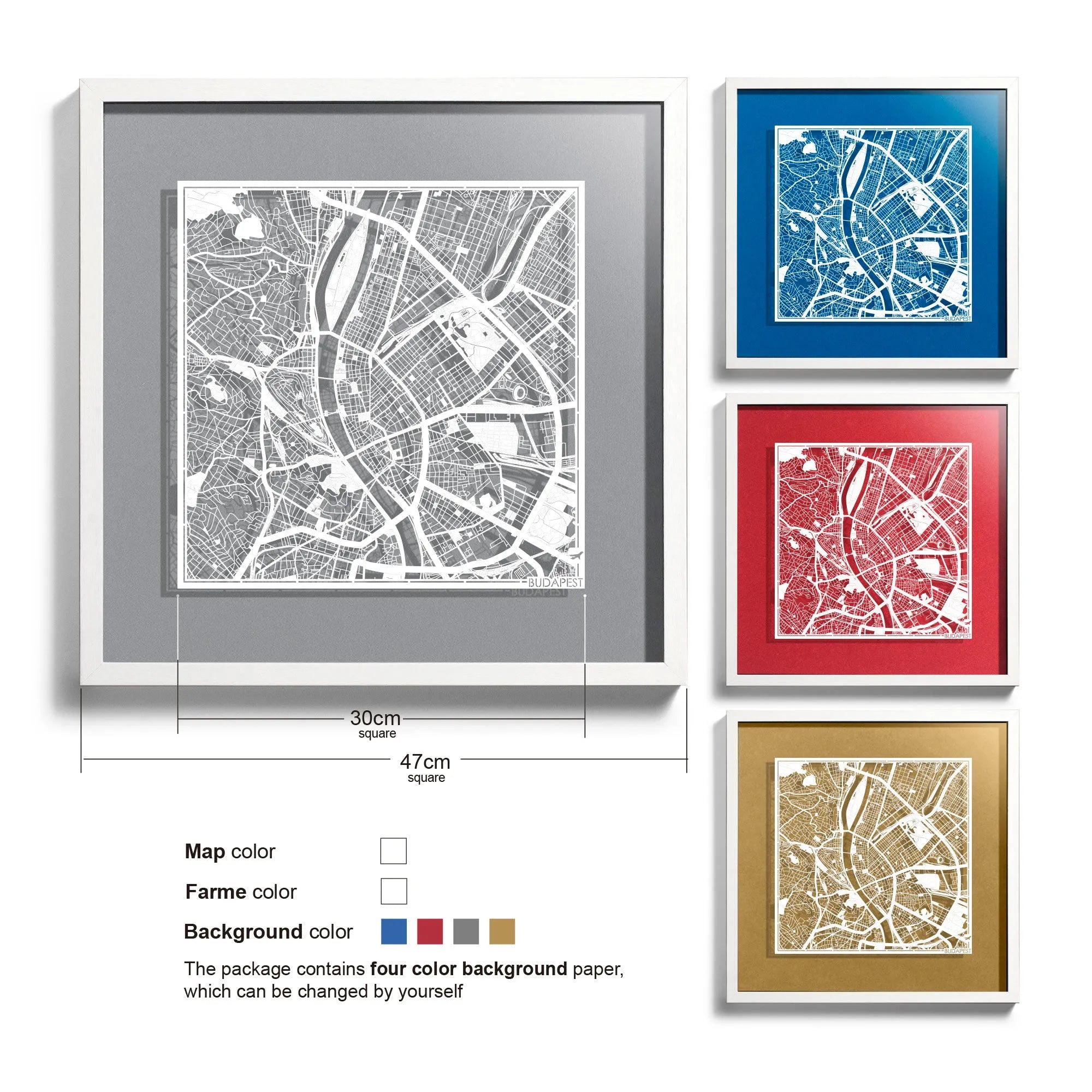 o3designstudio-Budapest-Paper-cut-map-framed-18-inch-White map White frame-45MF3016WW