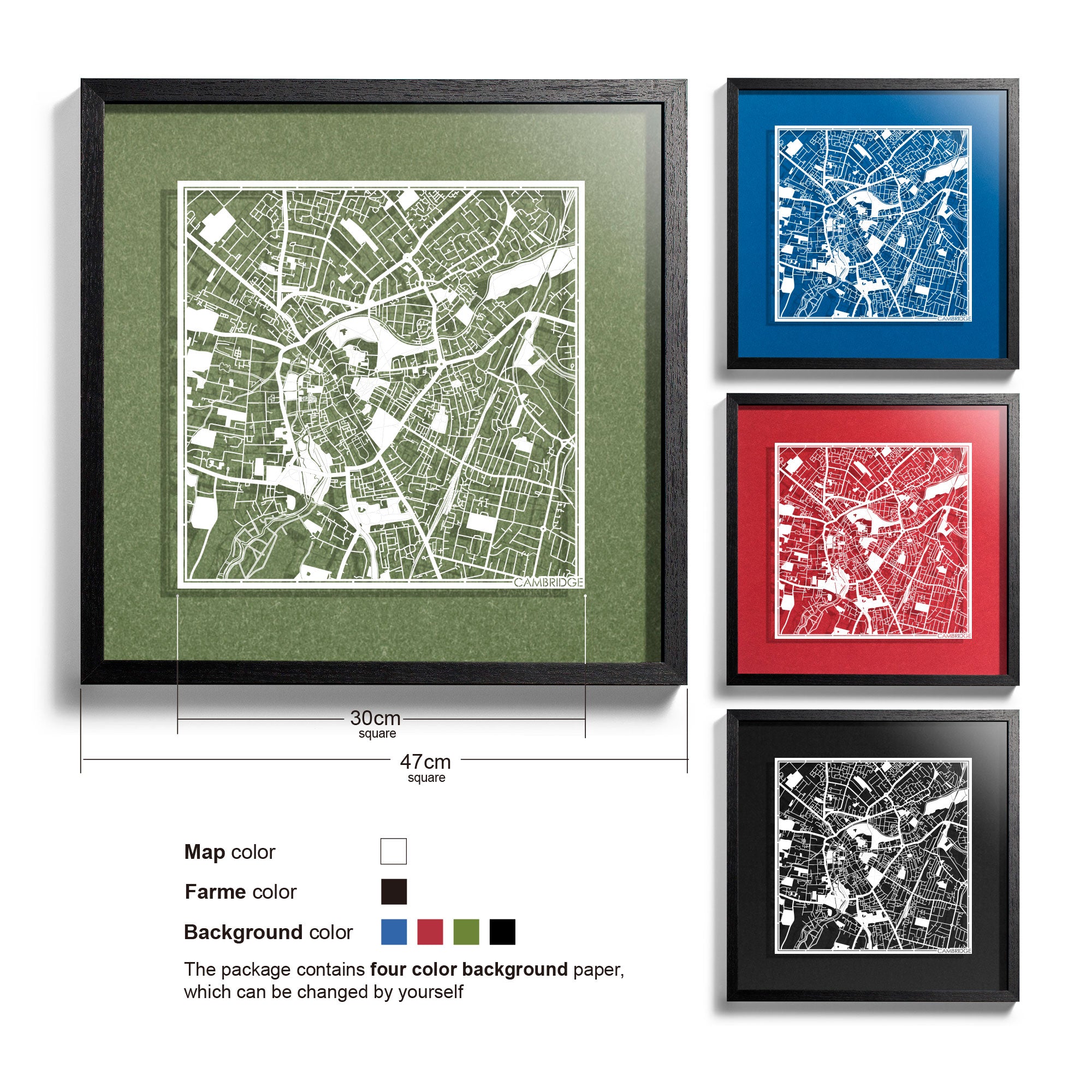 o3designstudio Cambridge-Paper-cut-map-framed-18-inch-45MF3024BW