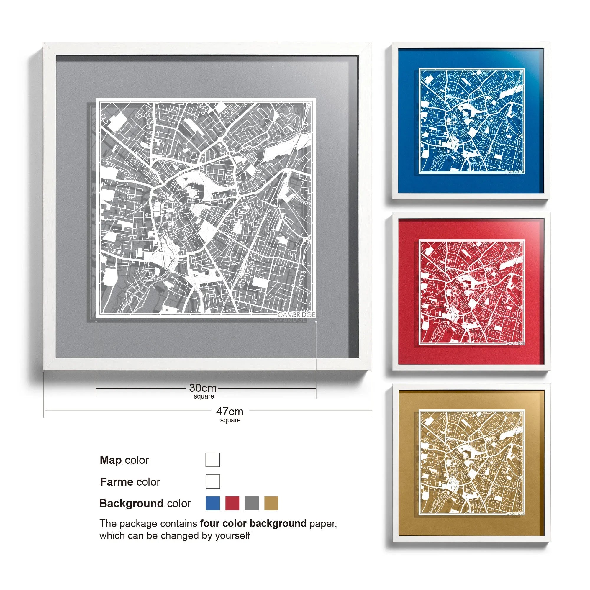 o3designstudio Cambridge-Paper-cut-map-framed-18-inch-45MF3024WW