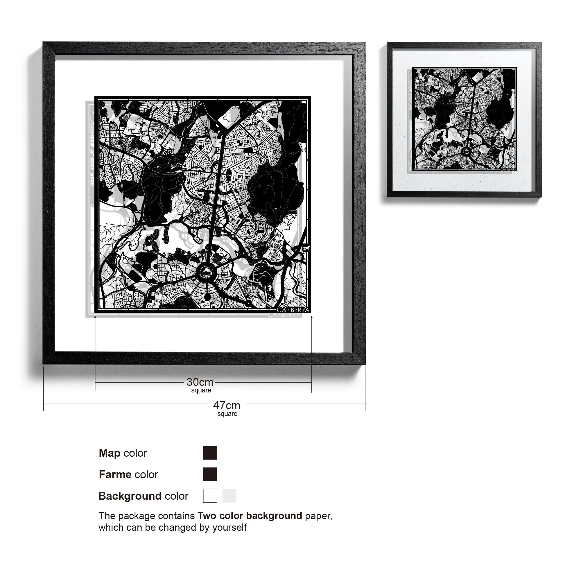 o3designstudio-Canberra-Paper-cut-map-framed-18-inch-Black map / Black frame-45MF1013BB