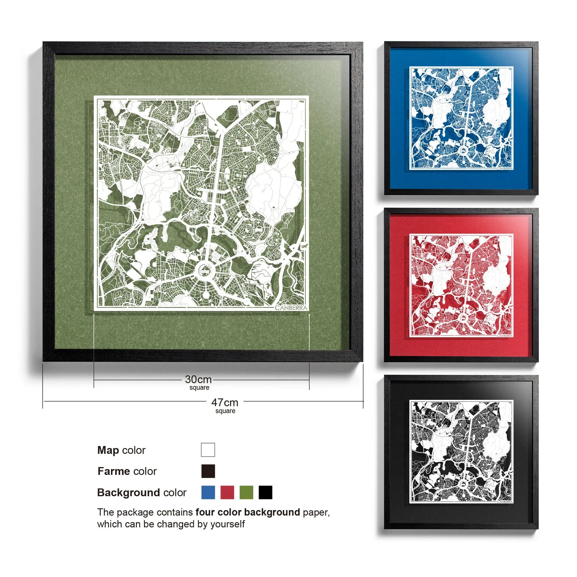 o3designstudio-Canberra-Paper-cut-map-framed-18-inch-White map / Black frame-45MF1013BW