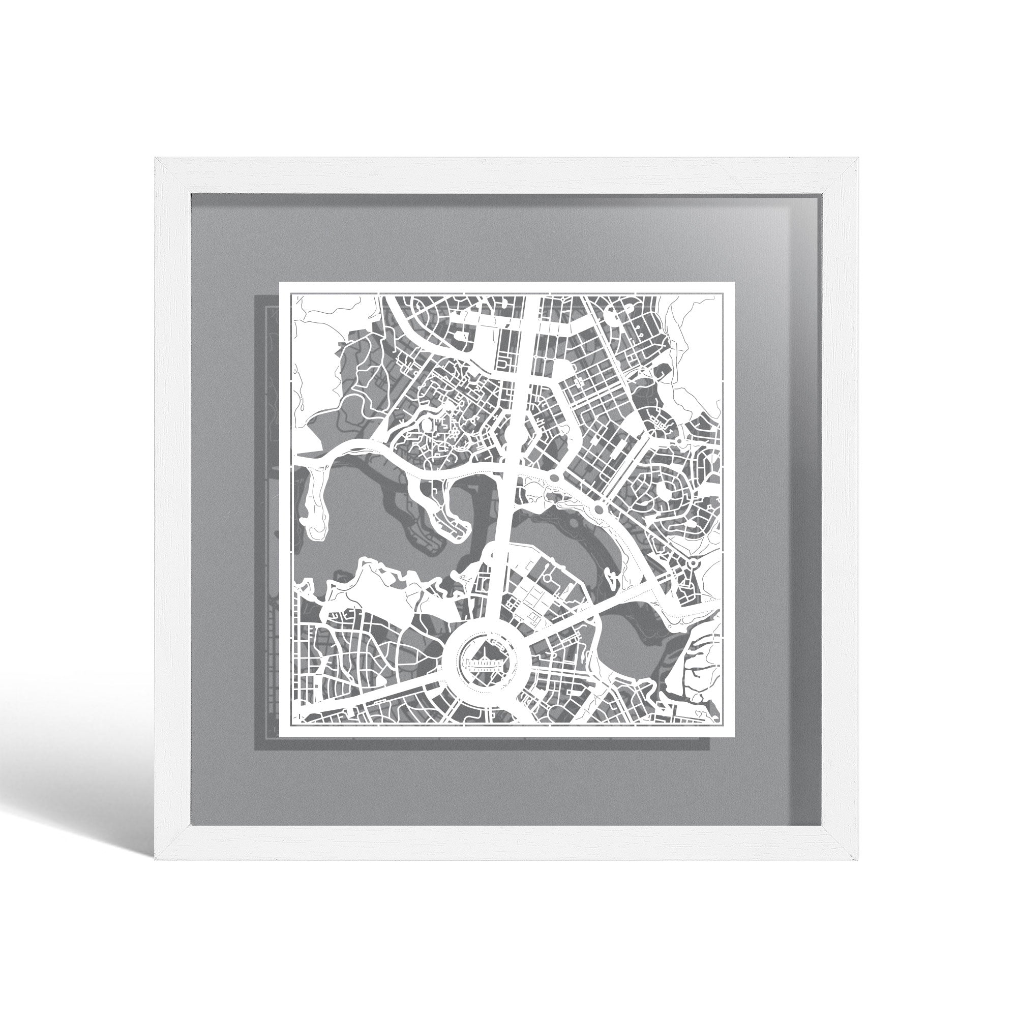 o3designstudio Canberra Paper cut map framed 9 inch White map White frame map art 22MF1013WW