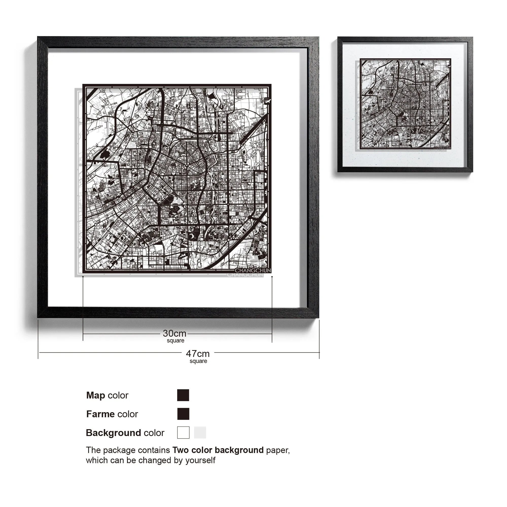 o3designstudio-Changchun-Paper-cut-map-framed-18-inch-Black map Black frame- 45MF1049BB