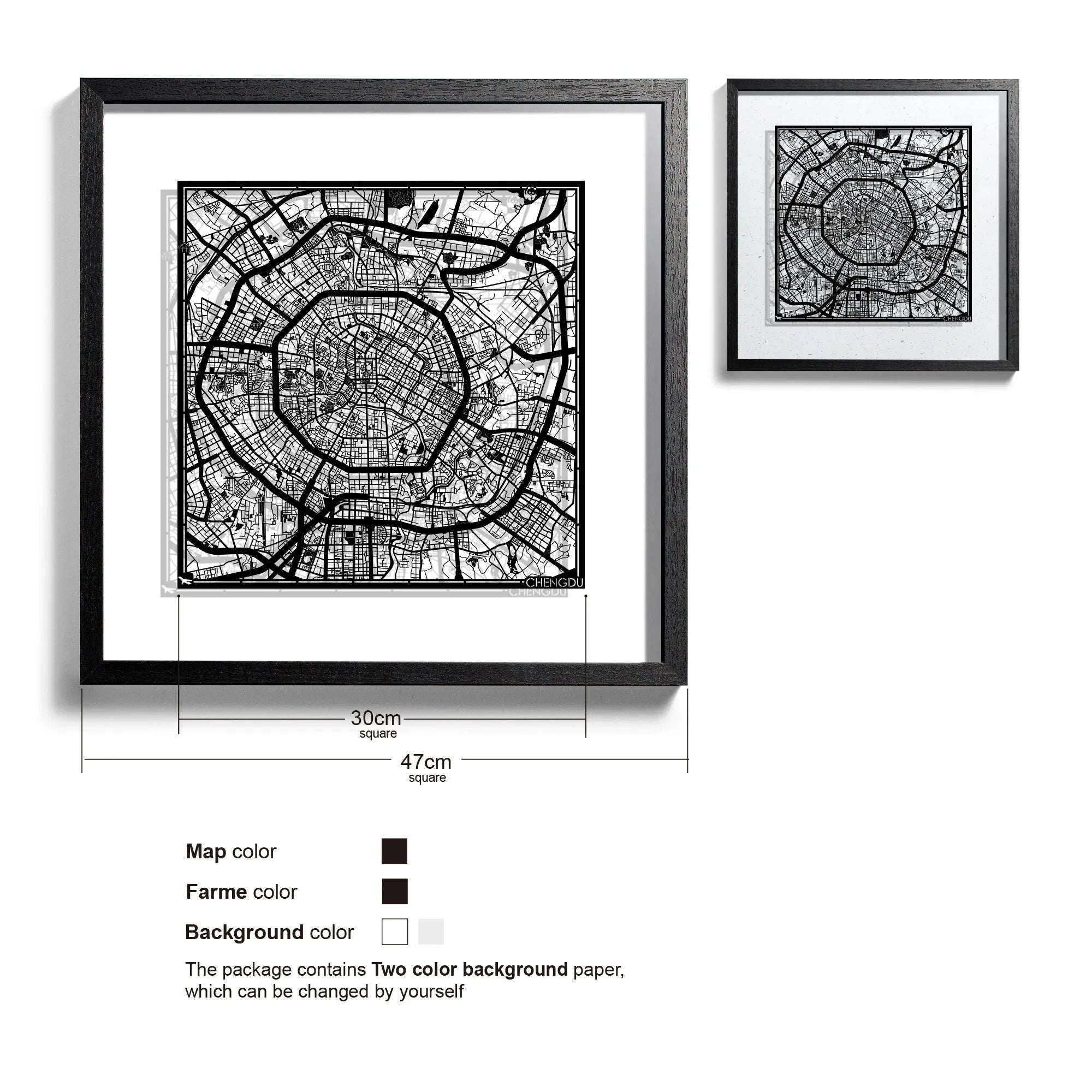 o3designstudio-Chengdu-Paper-cut-map-framed-18-inch-Black map Black frame- 45MF1025BB