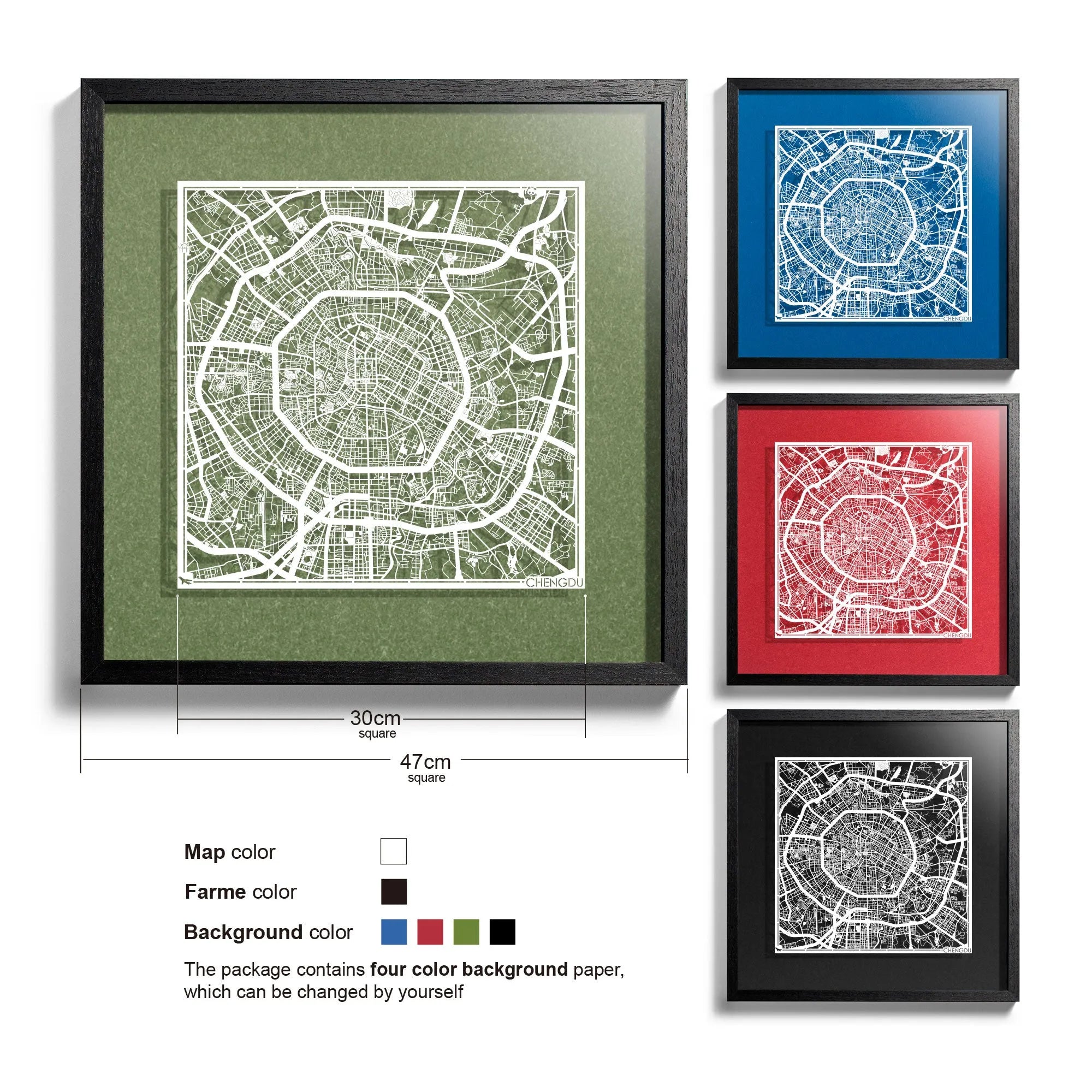 o3designstudio-Chengdu-Paper-cut-map-framed-18-inch-White map Black frame- 45MF1025BW