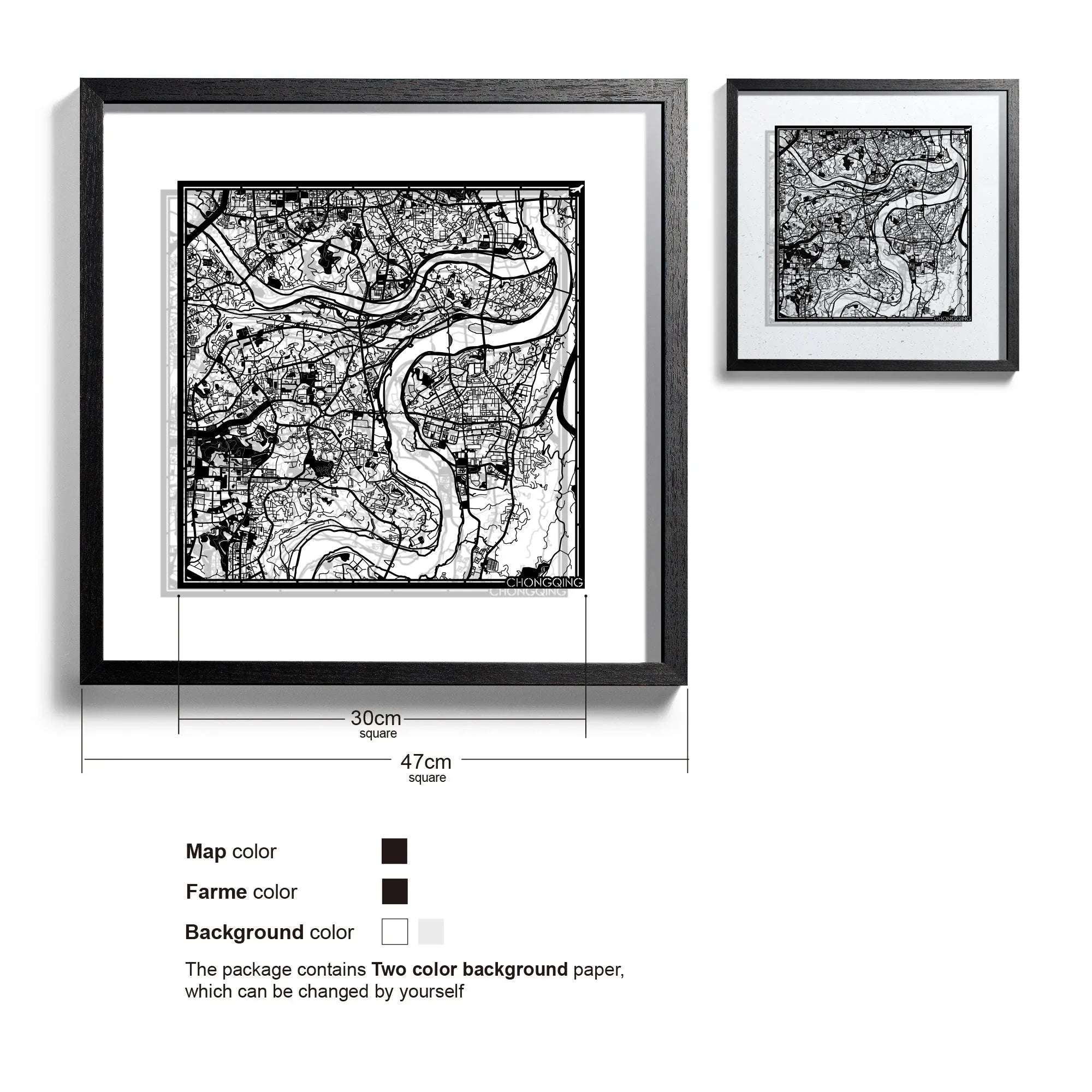 o3designstudio-Chongqing-Paper-cut-map-framed-18-inch-Black map Black frame- 45MF1029BB