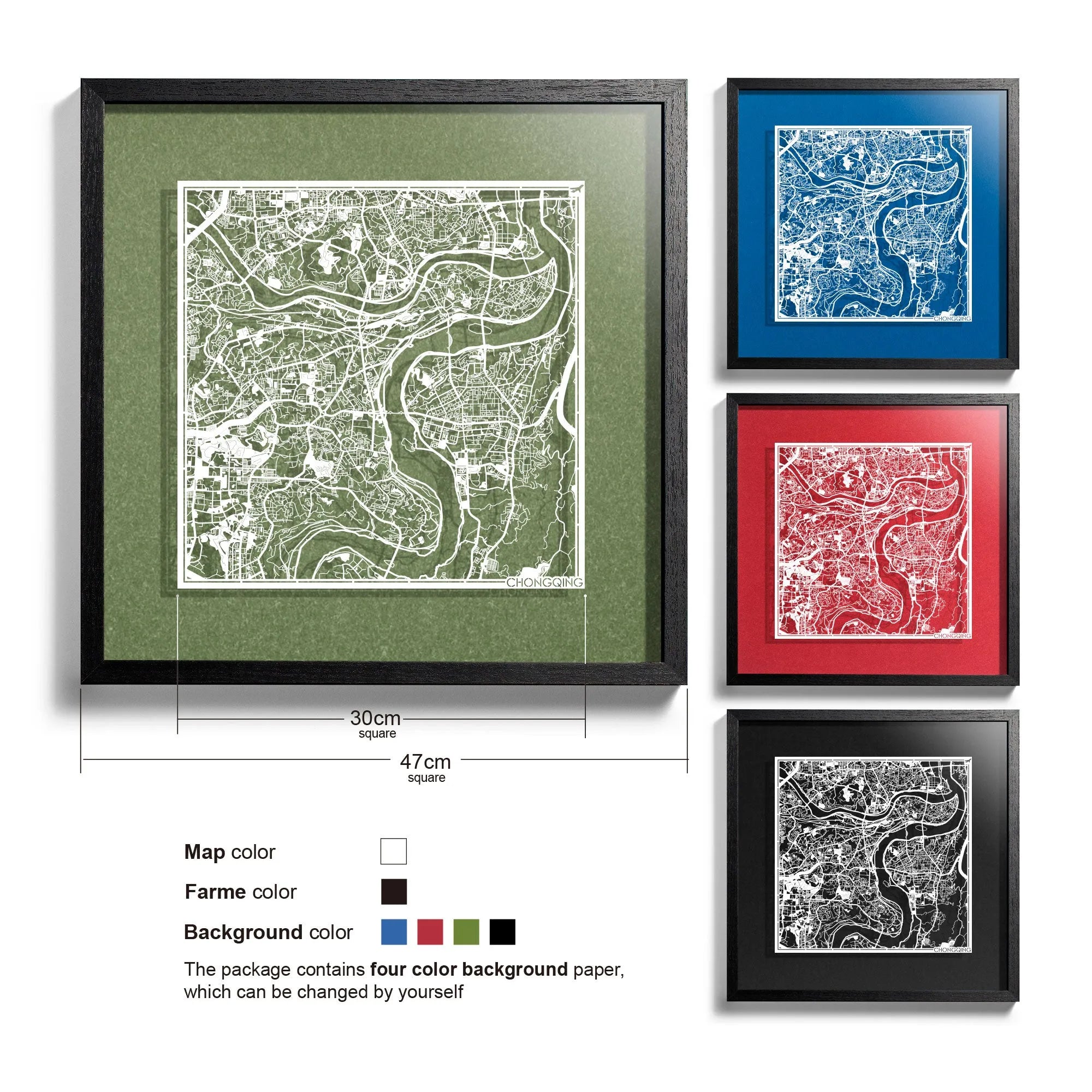 o3designstudio-Chongqing-Paper-cut-map-framed-18-inch-White map Black frame- 45MF1029BW