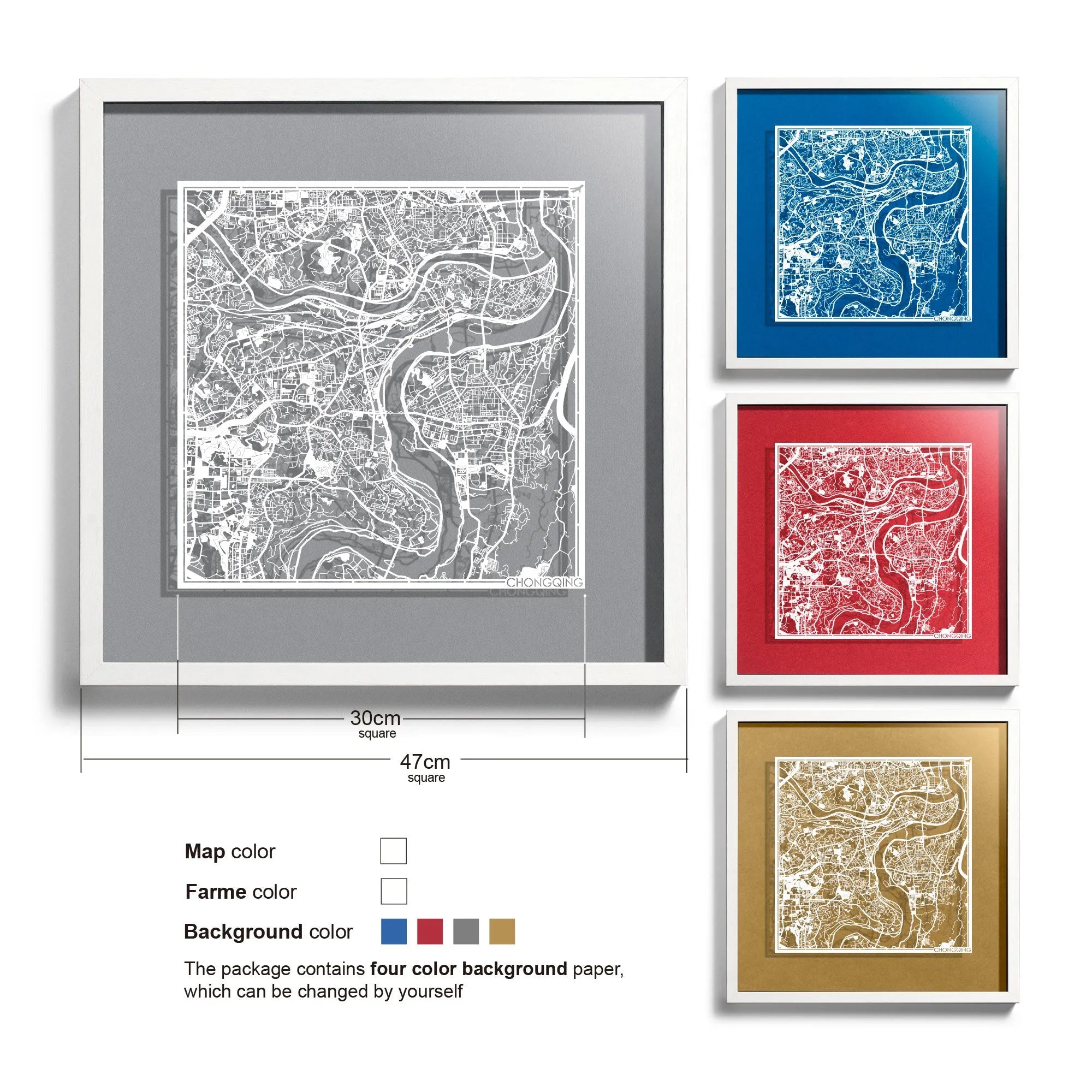 o3designstudio-Chongqing-Paper-cut-map-framed-18-inch-White map White frame- 45MF1029WW