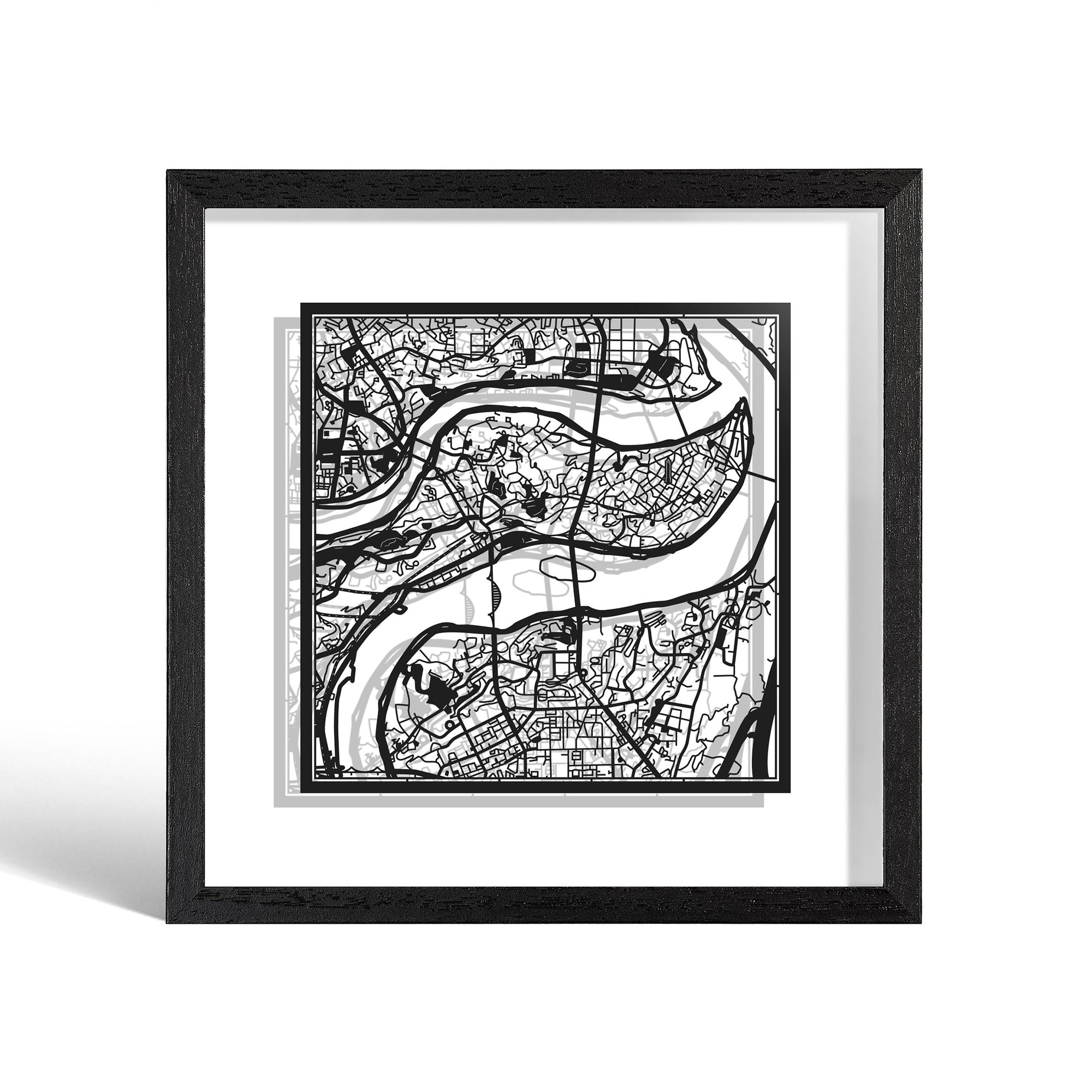 o3designstudio Chongqing Paper cut map framed 9 inch Black map Black frame map art 22MF1029BB