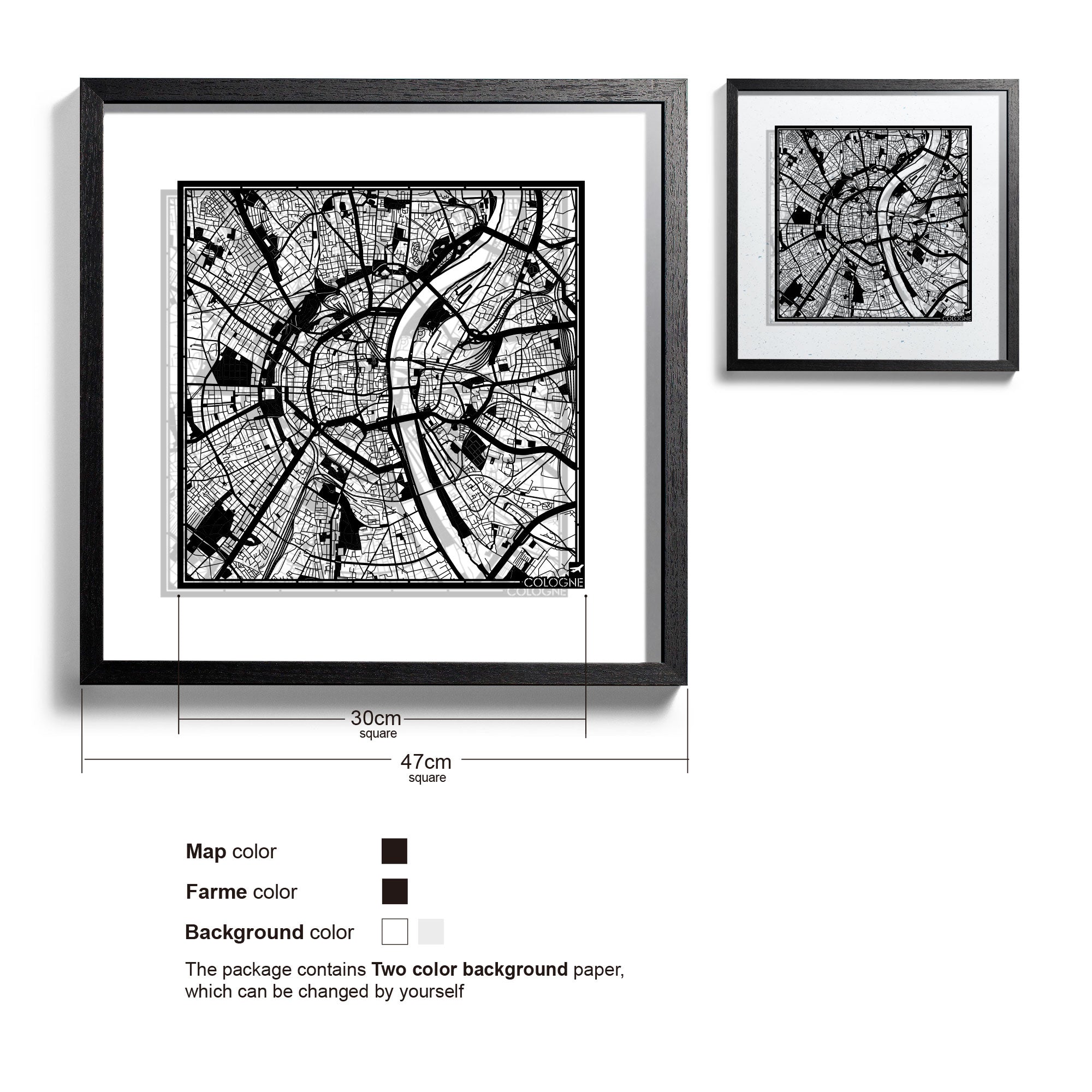 o3designstudio-Cologne-Paper-cut-map-framed-18-inch-Black map Black frame-45MF3037BB