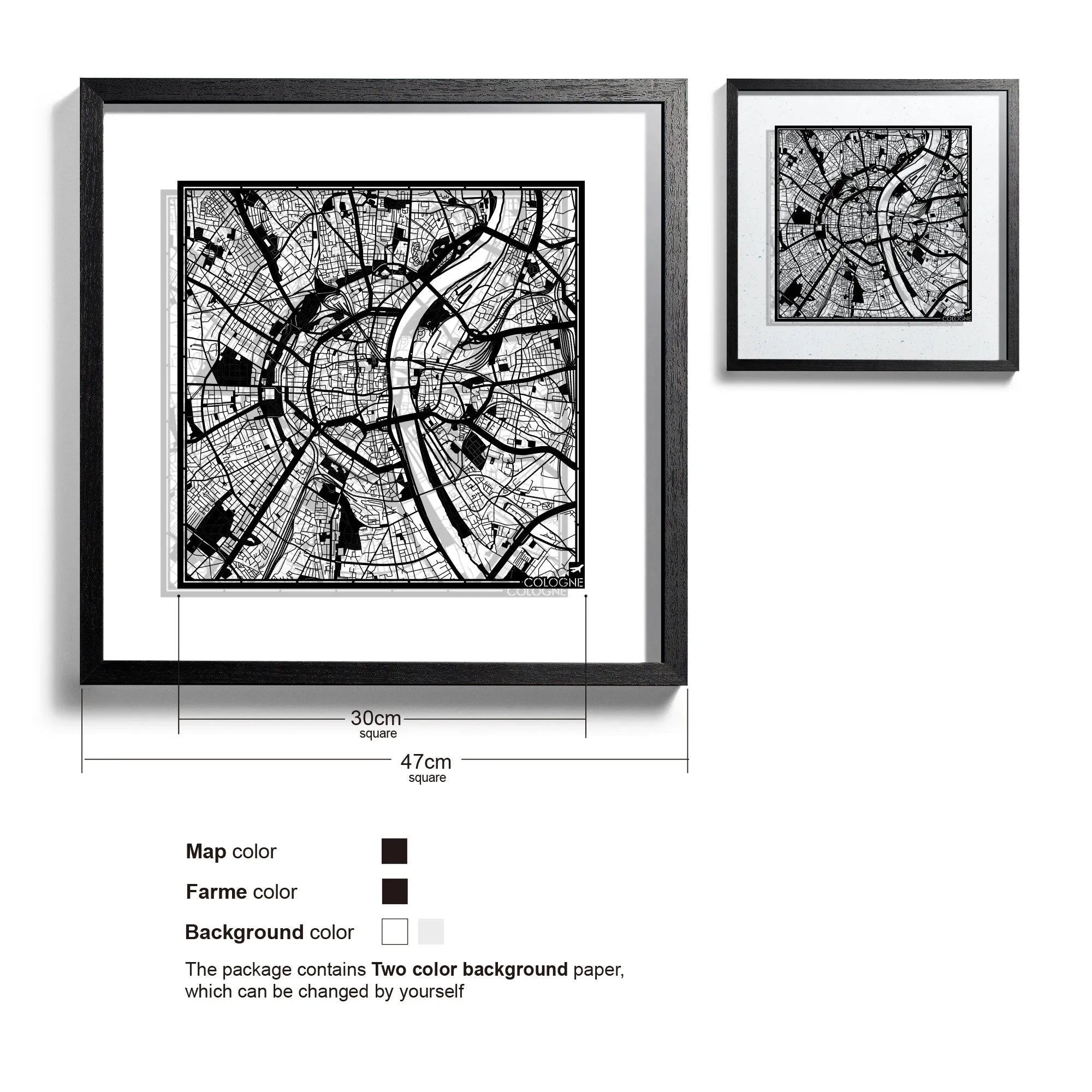 o3designstudio-Cologne-Paper-cut-map-framed-18-inch-Black map Black frame-45MF3037BB