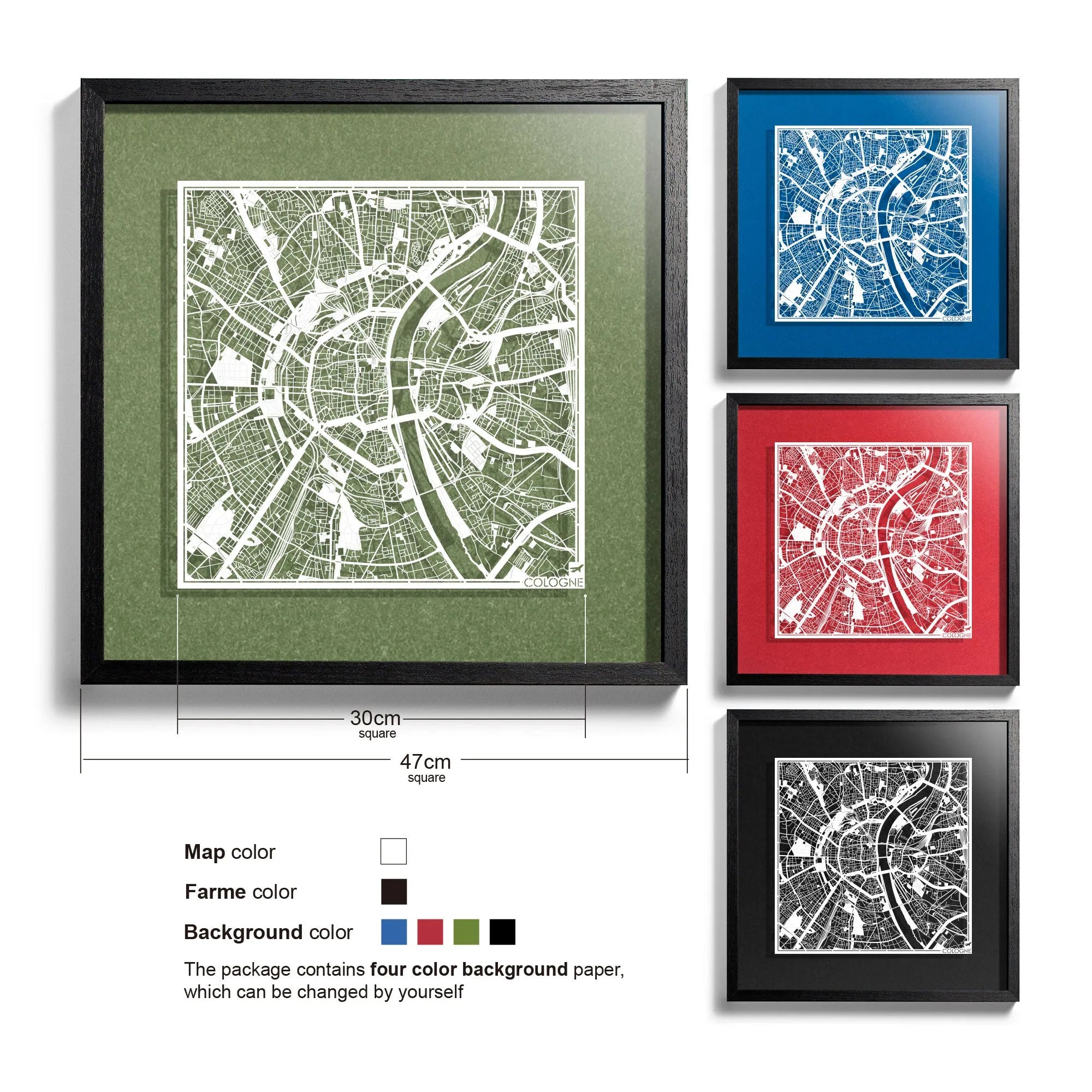 o3designstudio-Cologne-Paper-cut-map-framed-18-inch-White map Black frame-45MF3037BW