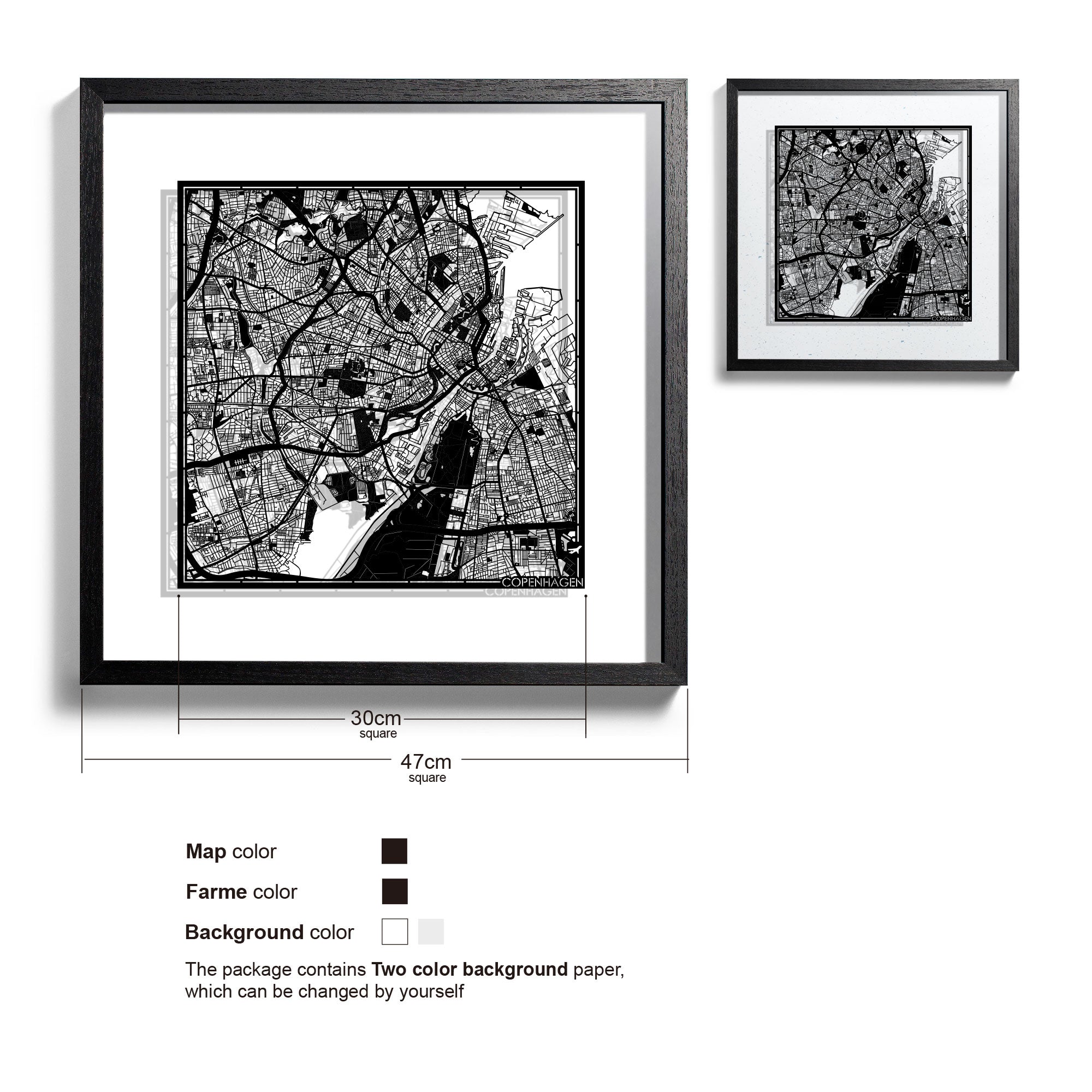 o3designstudio-Copenhagen-Paper-cut-map-framed-18-inch-Black map Black frame-45MF3015BB