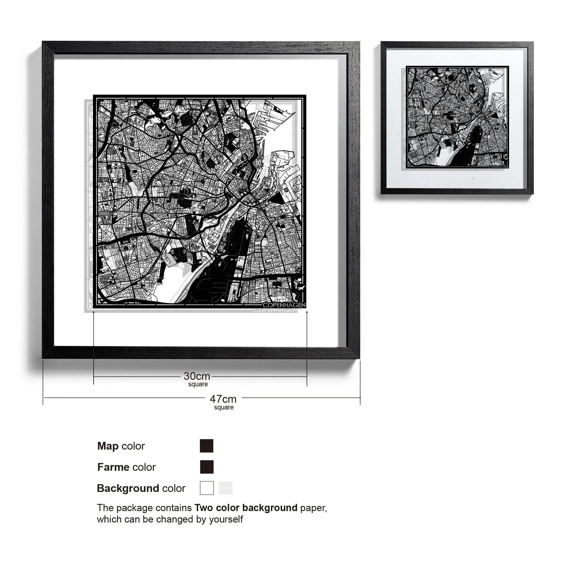 o3designstudio-Copenhagen-Paper-cut-map-framed-18-inch-Black map Black frame-45MF3015BB