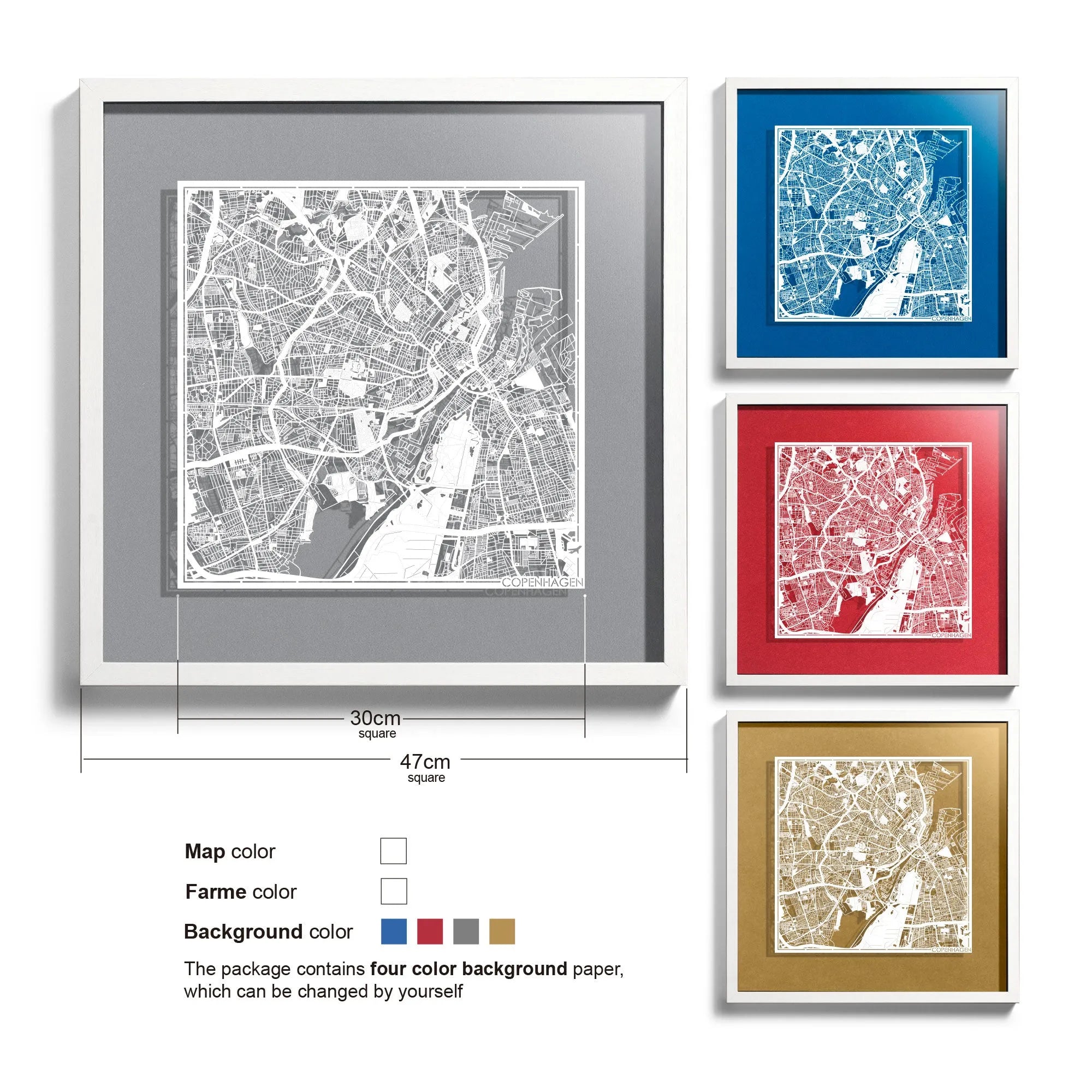 o3designstudio-Copenhagen-Paper-cut-map-framed-18-inch-White map White frame-45MF3015WW