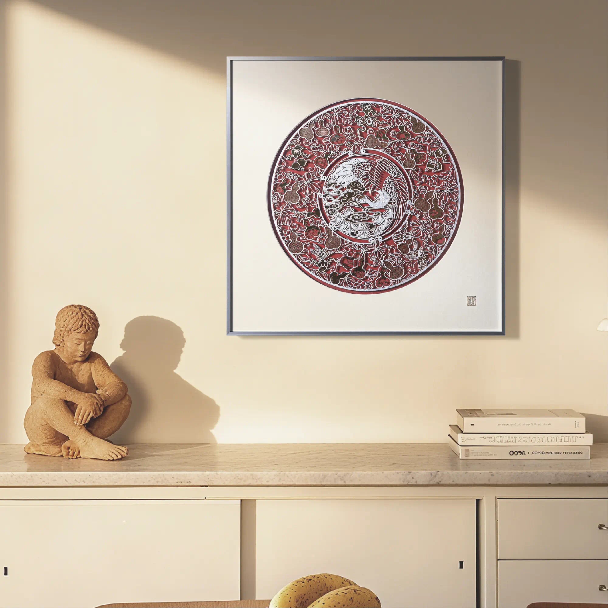 Buddha-Statue aus Papier, gerahmt
