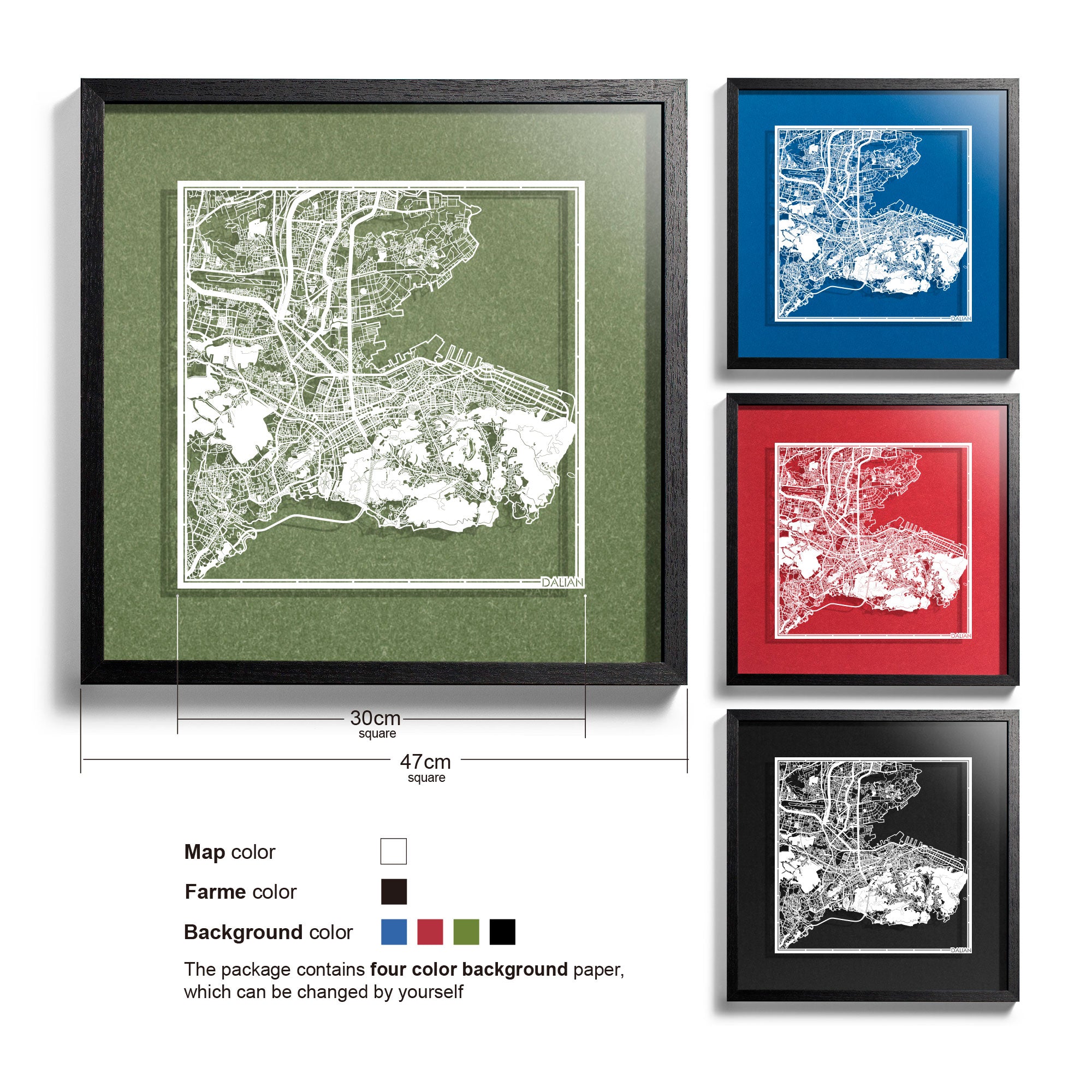 o3designstudio-Dalian-Paper-cut-map-framed-18-inch-White map Black frame- 45MF1052BW
