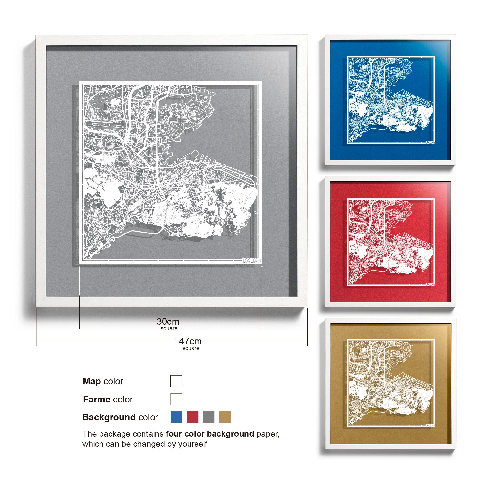 o3designstudio-Dalian-Paper-cut-map-framed-18-inch-White map Black frame- 45MF1052BW