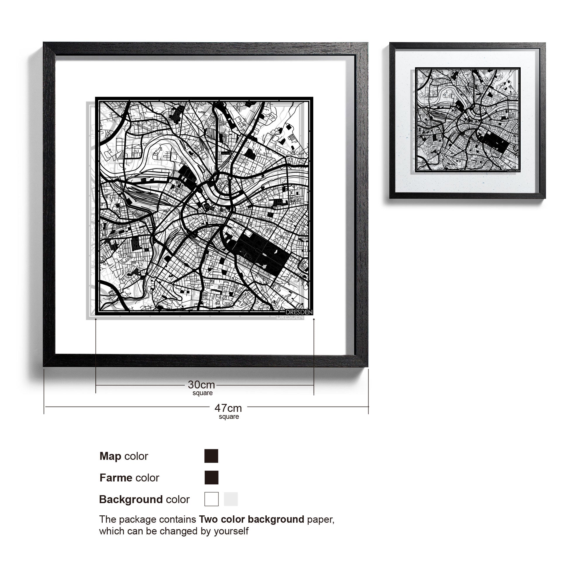 o3designstudio-Dresden-Paper-cut-map-framed-18-inch-Black map Black frame-45MF3030BB