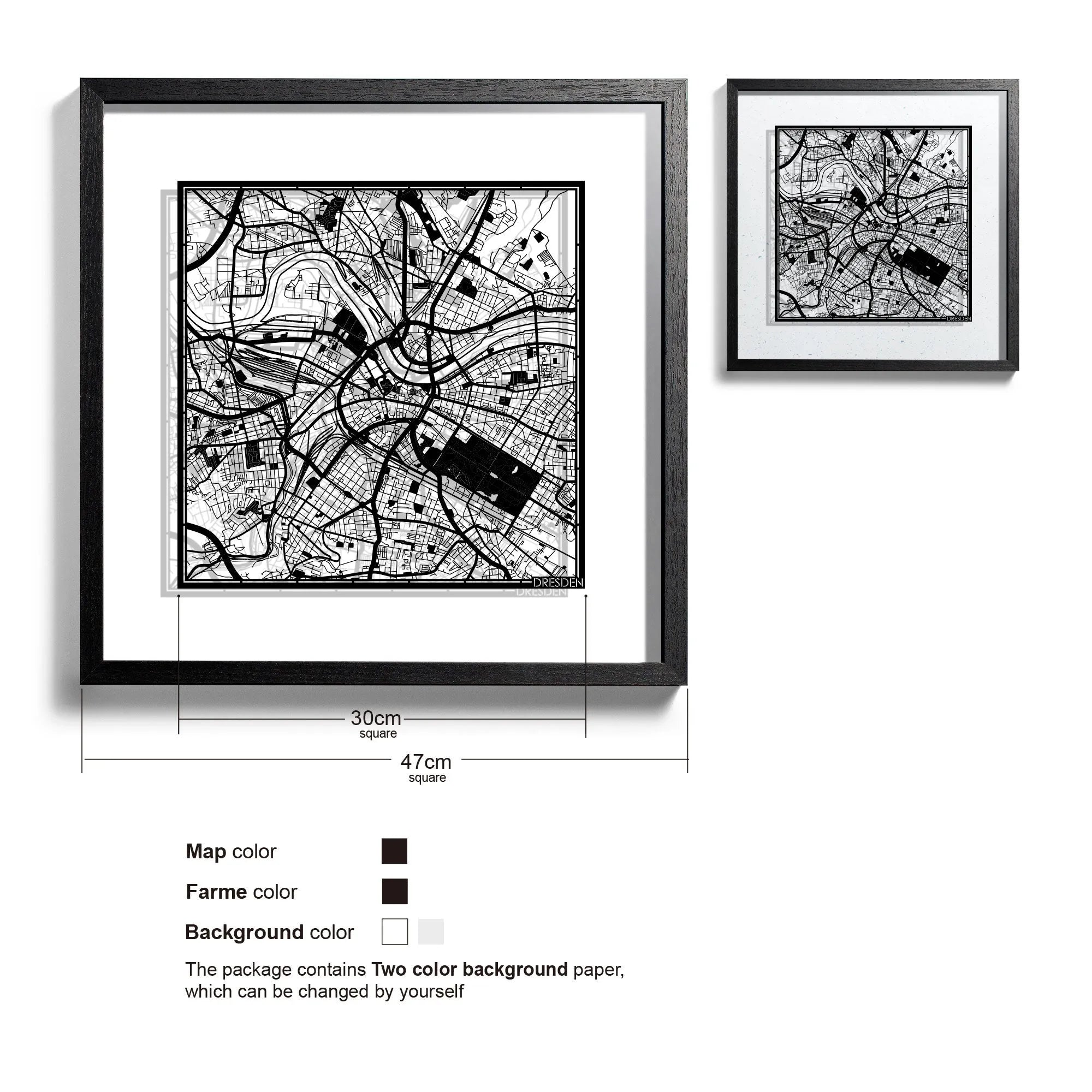 o3designstudio-Dresden-Paper-cut-map-framed-18-inch-Black map Black frame-45MF3030BB