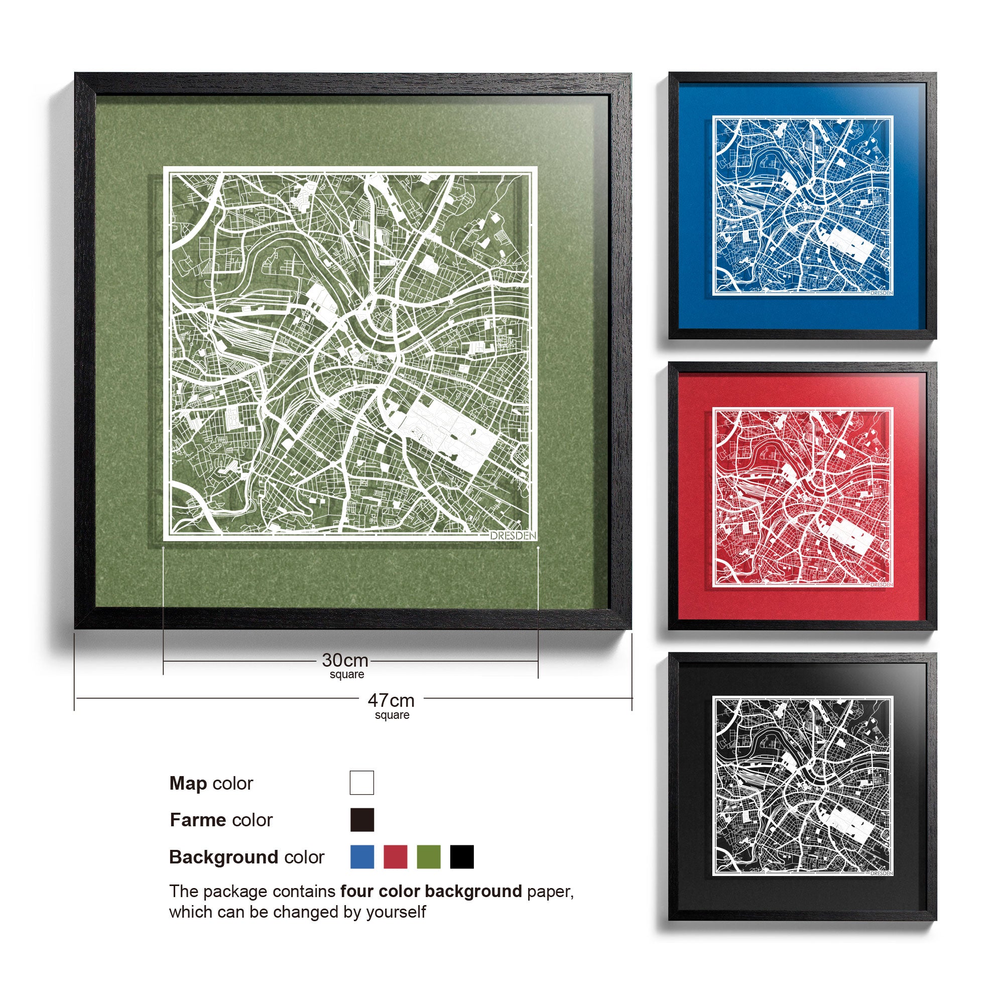 o3designstudio-Dresden-Paper-cut-map-framed-18-inch-White map Black frame-45MF3030BW