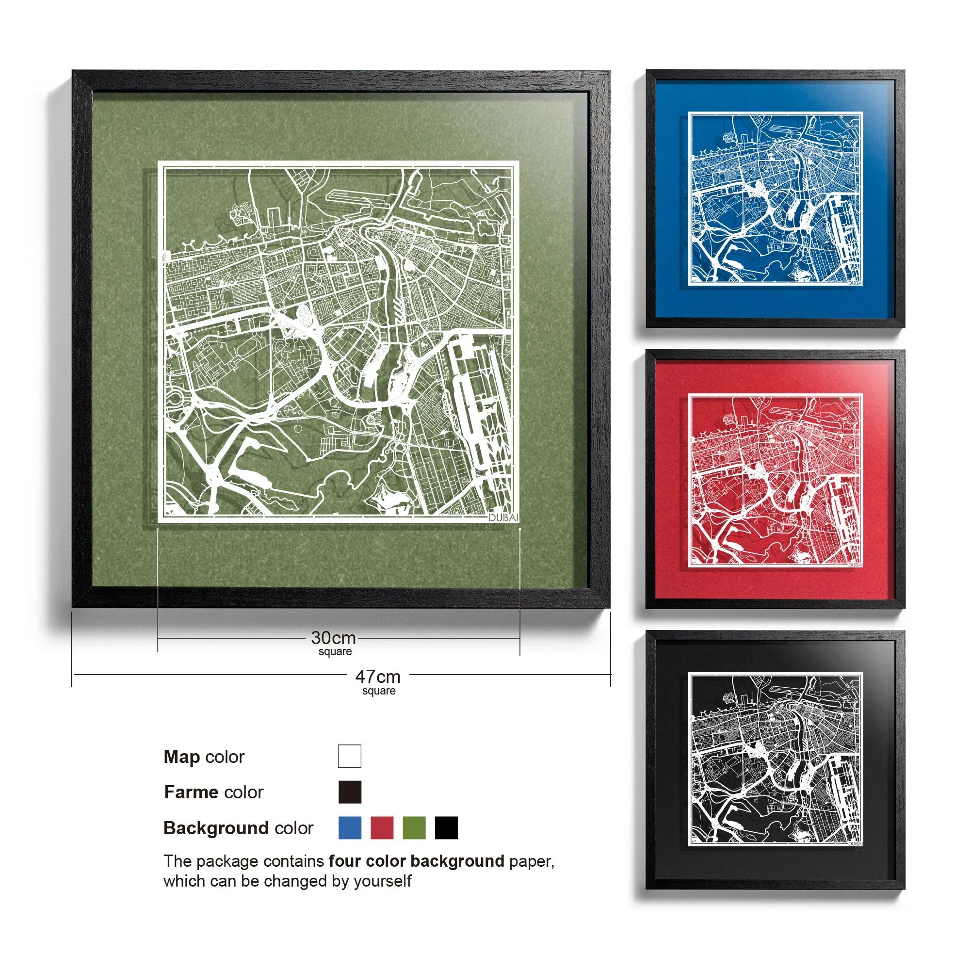 o3designstudio-Dubai-Paper-cut-map-framed-18-inch-White map / Black frame-45MF1006BW
