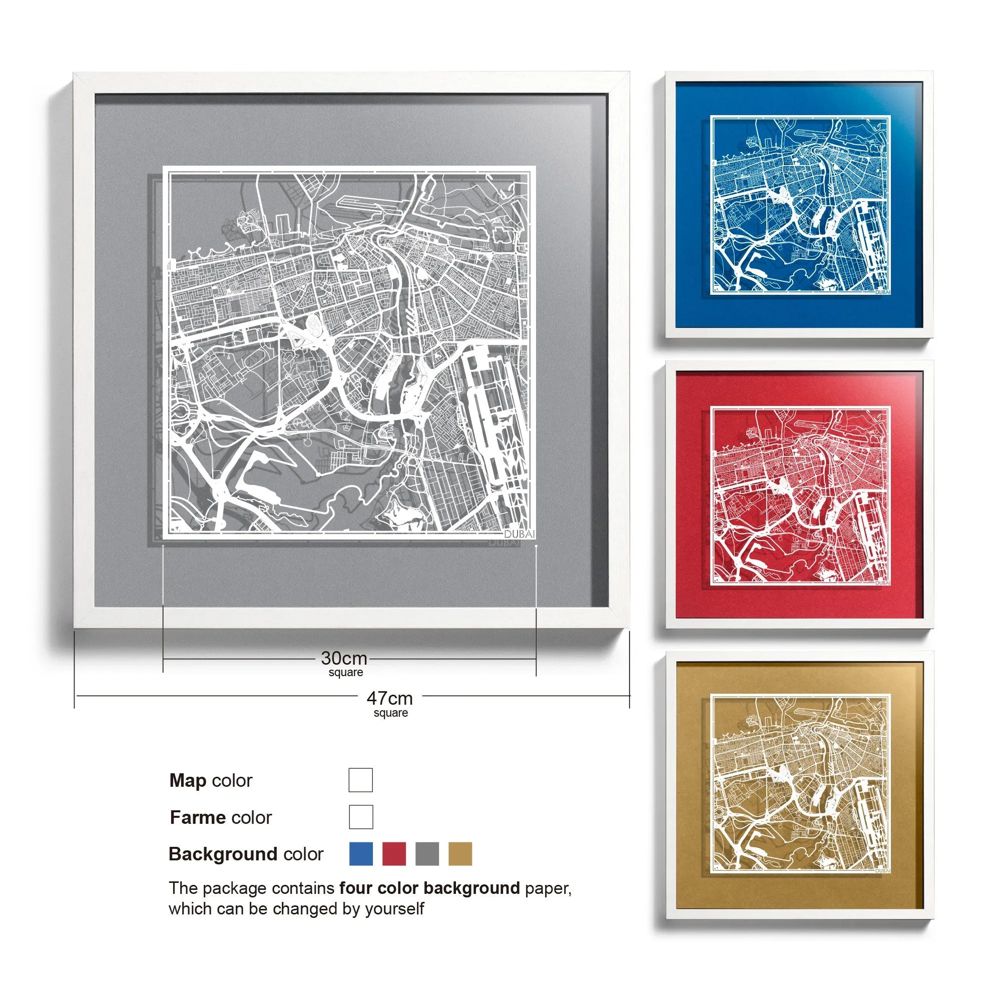 o3designstudio-Dubai-Paper-cut-map-framed-18-inch-White map / White frame-45MF1006WW