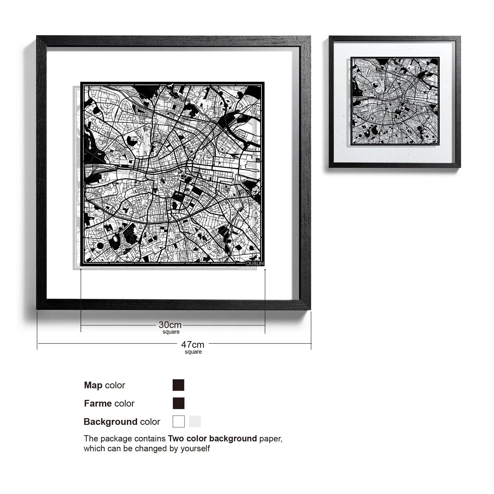 o3designstudio Dublin-Paper-cut-map-framed-18-inch-45MF3025BB