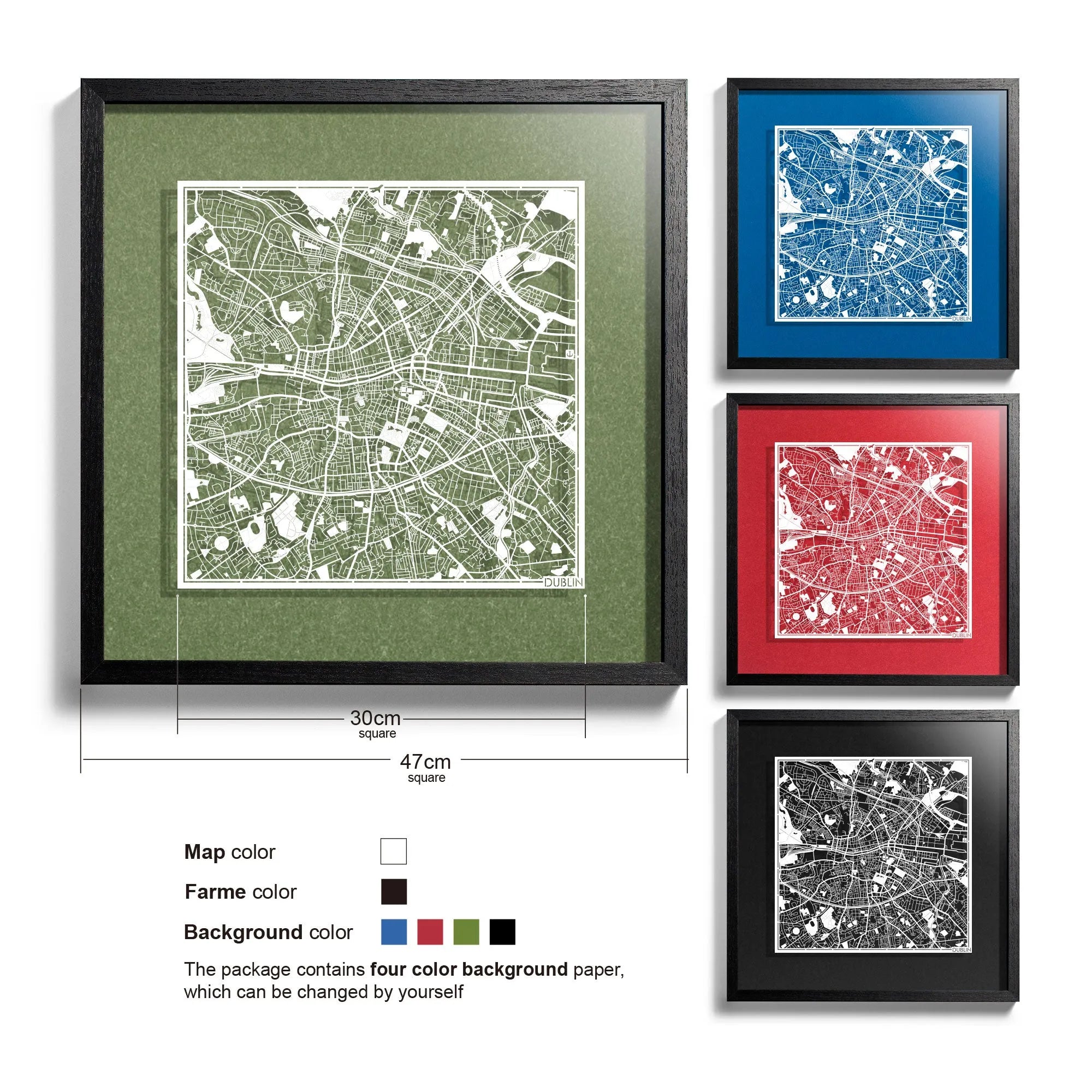 o3designstudio Dublin-Paper-cut-map-framed-18-inch-45MF3025BW