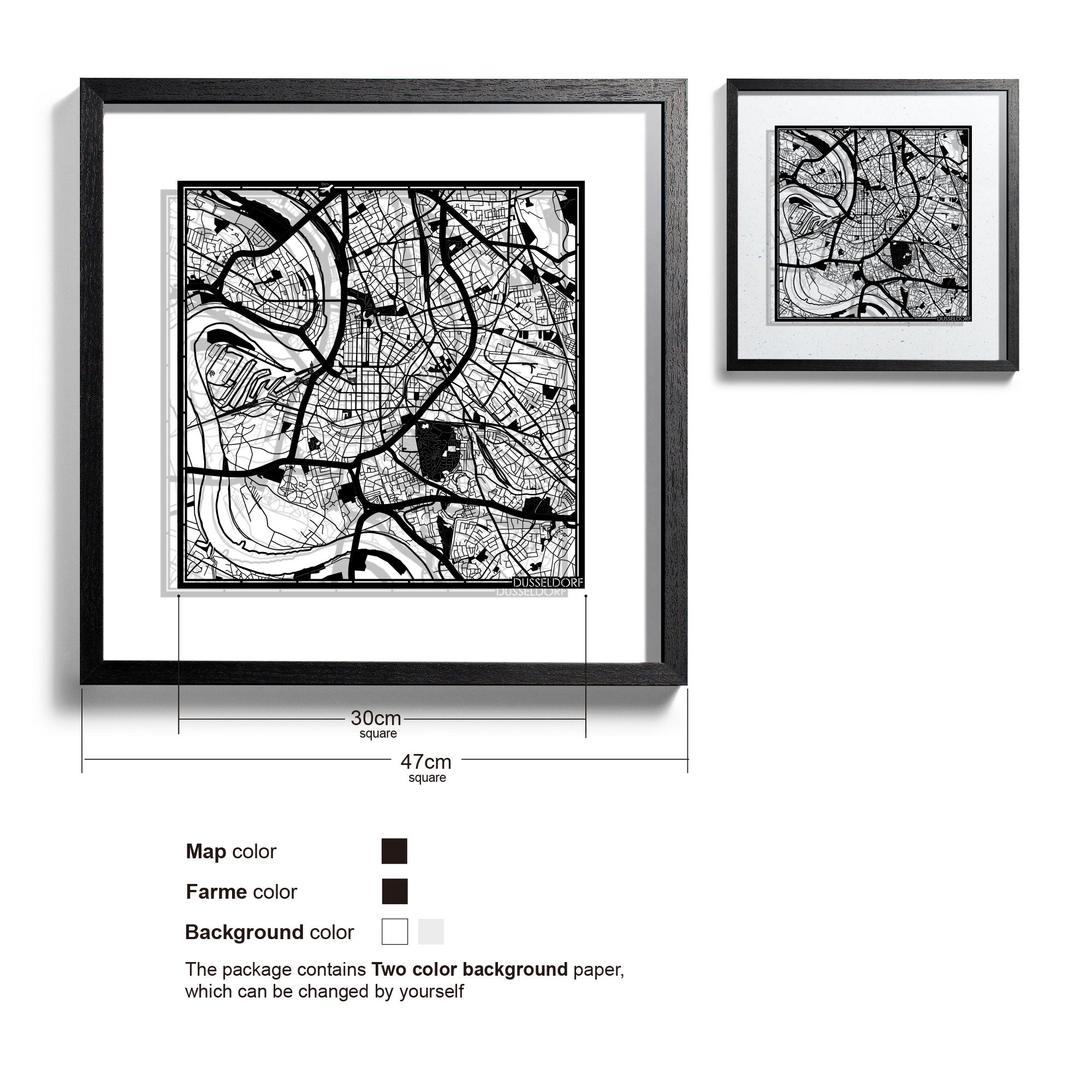 o3designstudio-Dusseldorf-Paper-cut-map-framed-18-inch-Black map Black frame-45MF3052BB