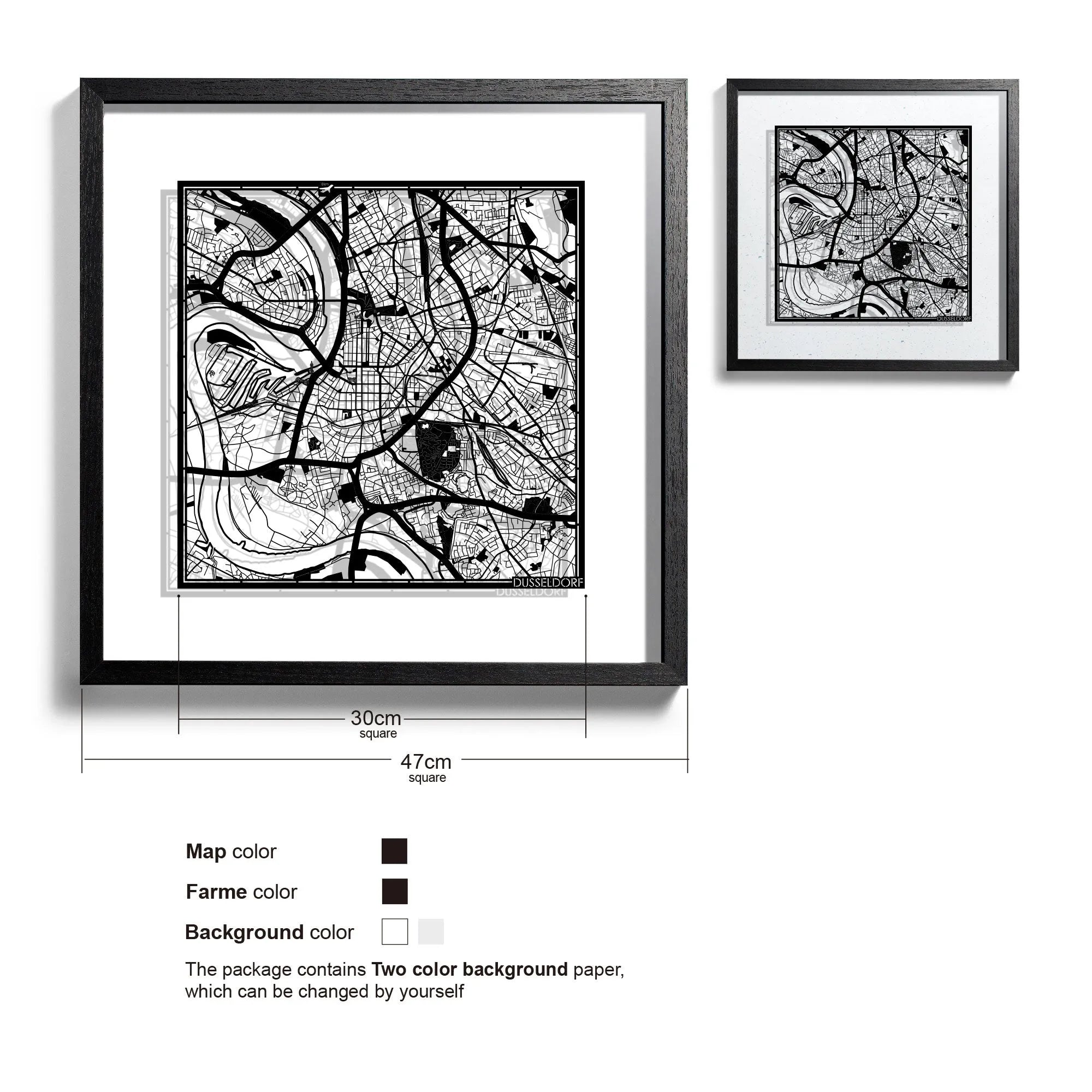 o3designstudio-Dusseldorf-Paper-cut-map-framed-18-inch-Black map Black frame-45MF3052BB