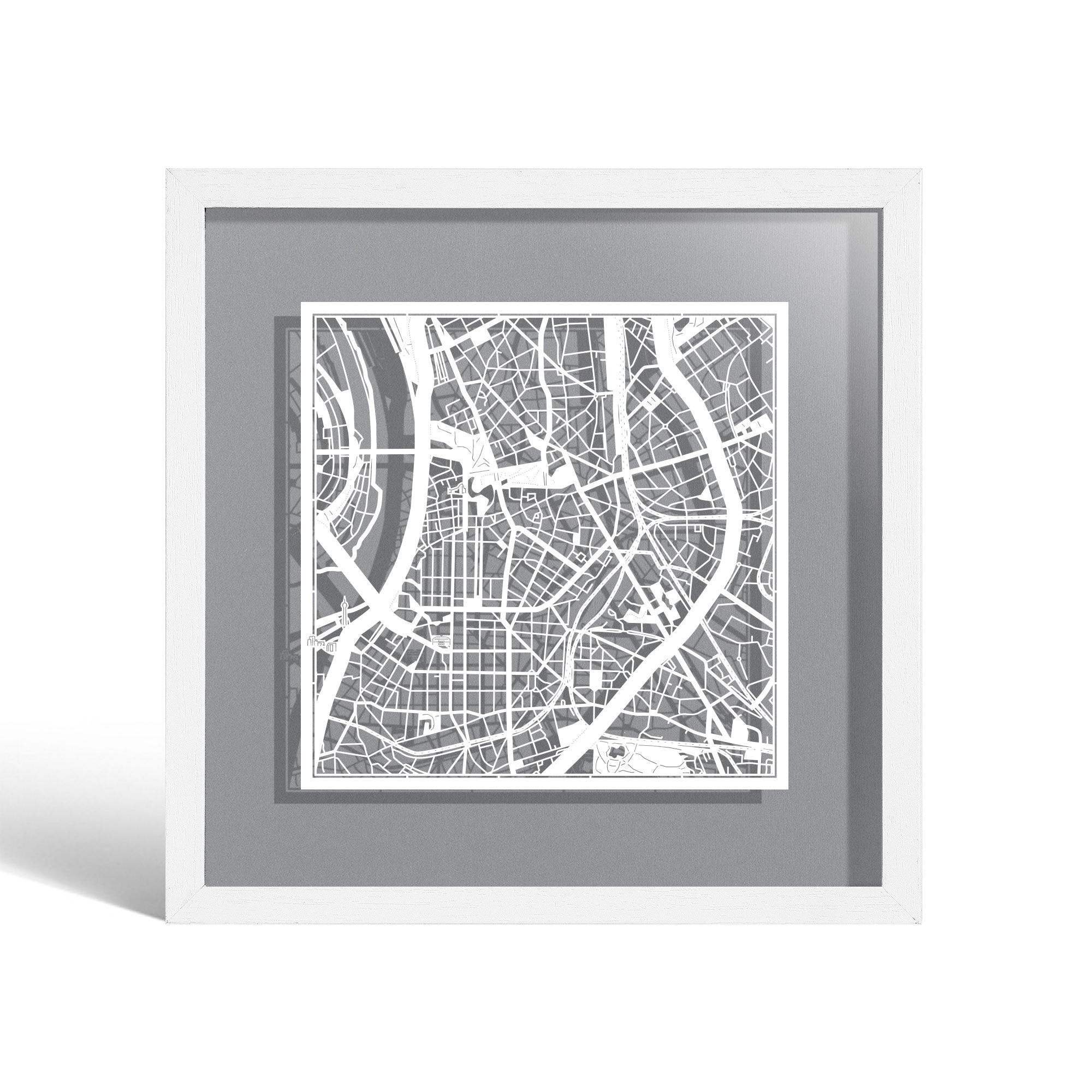 o3designstudio Dusseldorf Paper cut map framed 9 inch White map White frame map art 22MF3052WW