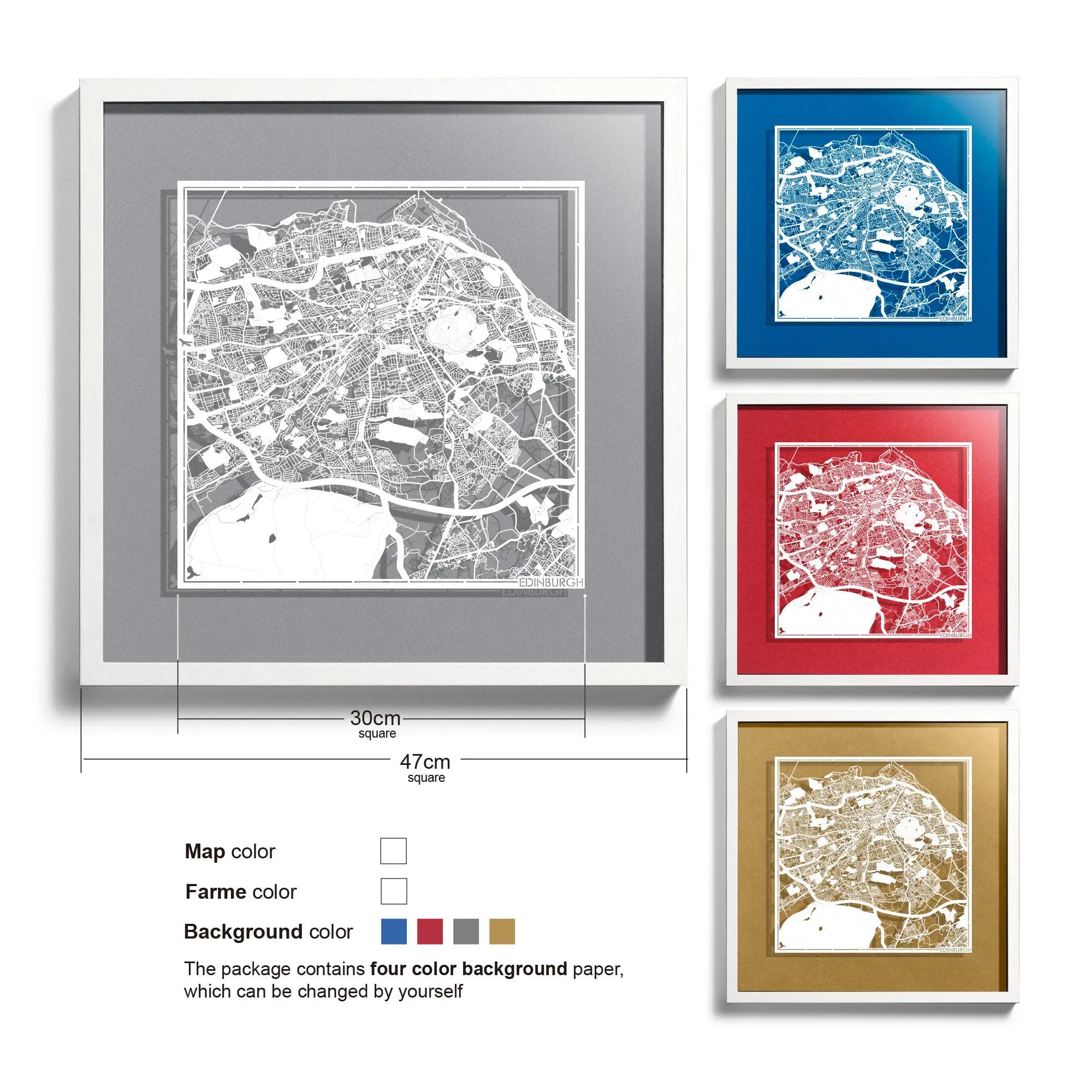 o3designstudio Edinburgh-Paper-cut-map-framed-18-inch-45MF3019WW