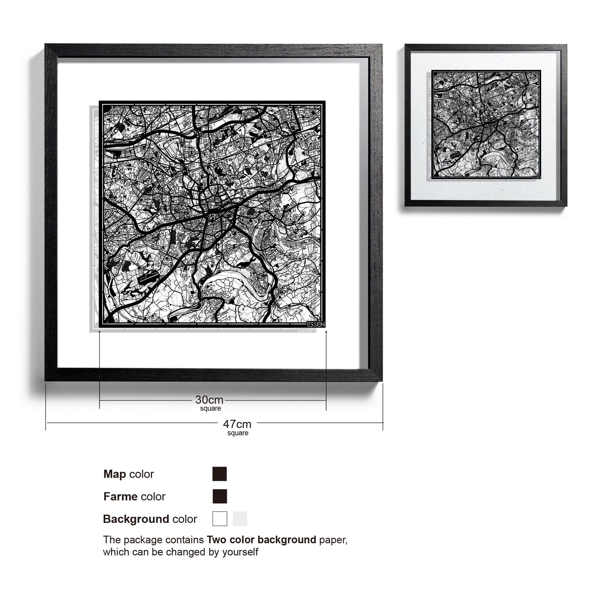 o3designstudio-Essen-Paper-cut-map-framed-18-inch-Black map Black frame-45MF3063BB