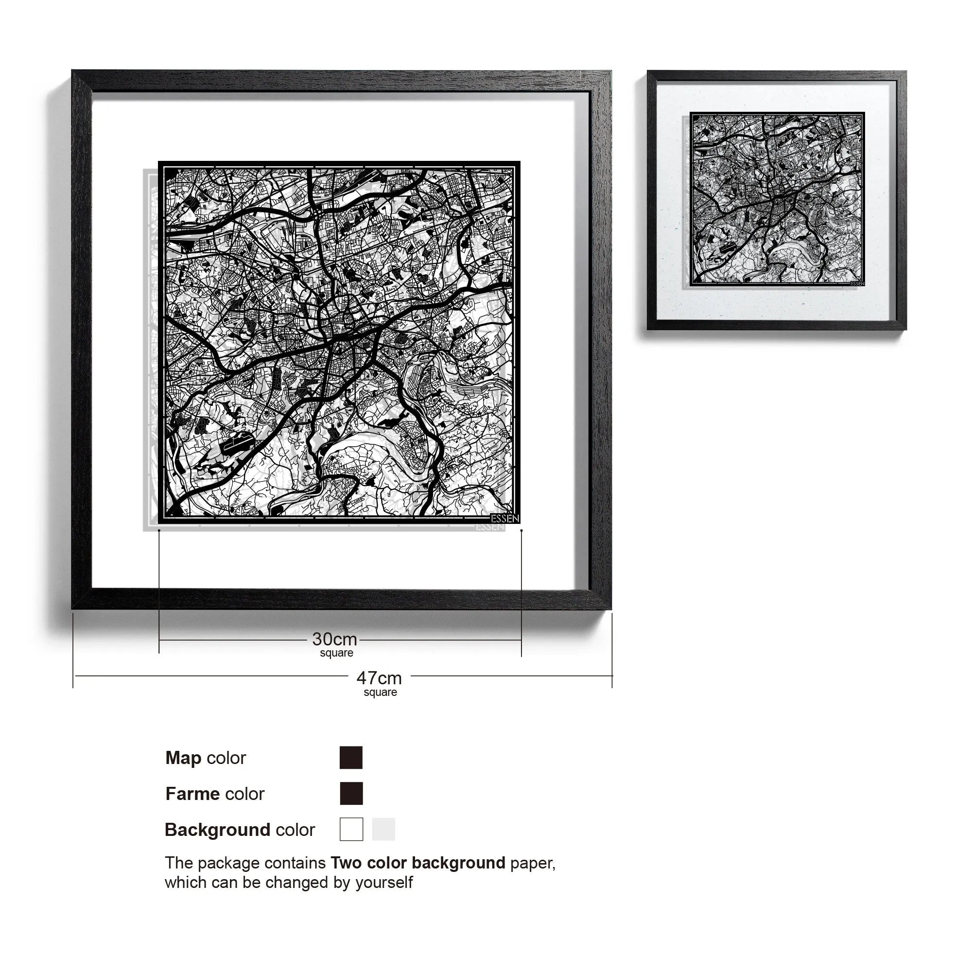 o3designstudio-Essen-Paper-cut-map-framed-18-inch-Black map Black frame-45MF3063BB