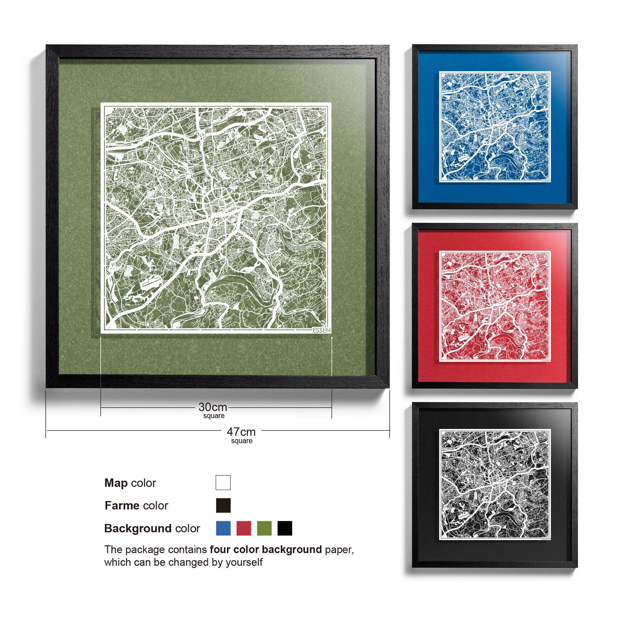o3designstudio-Essen-Paper-cut-map-framed-18-inch-White map Black frame-45MF3063BW