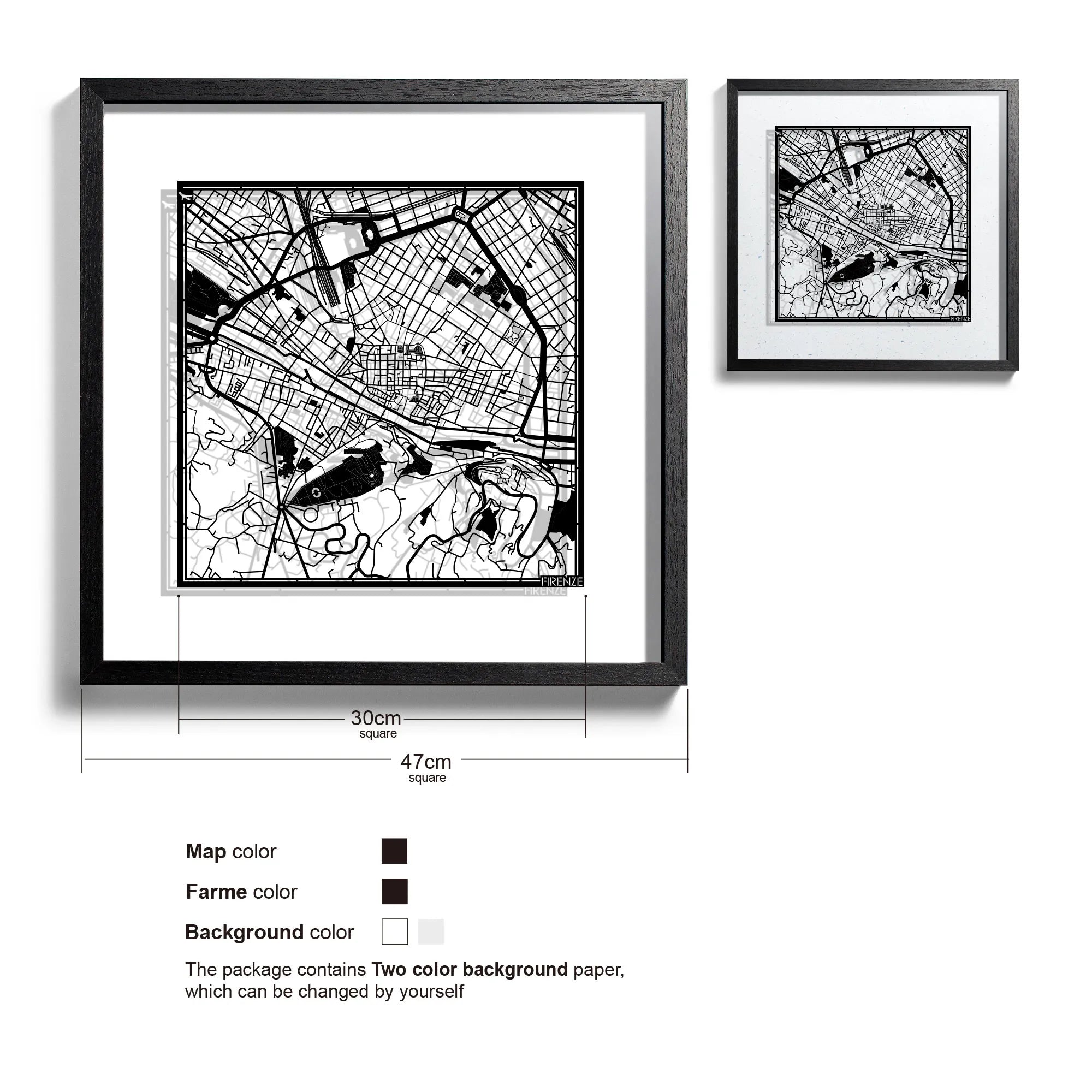 o3designstudio-Firenze-Paper-cut-map-framed-18-inch-Black map / Black frame-45MF3040BB