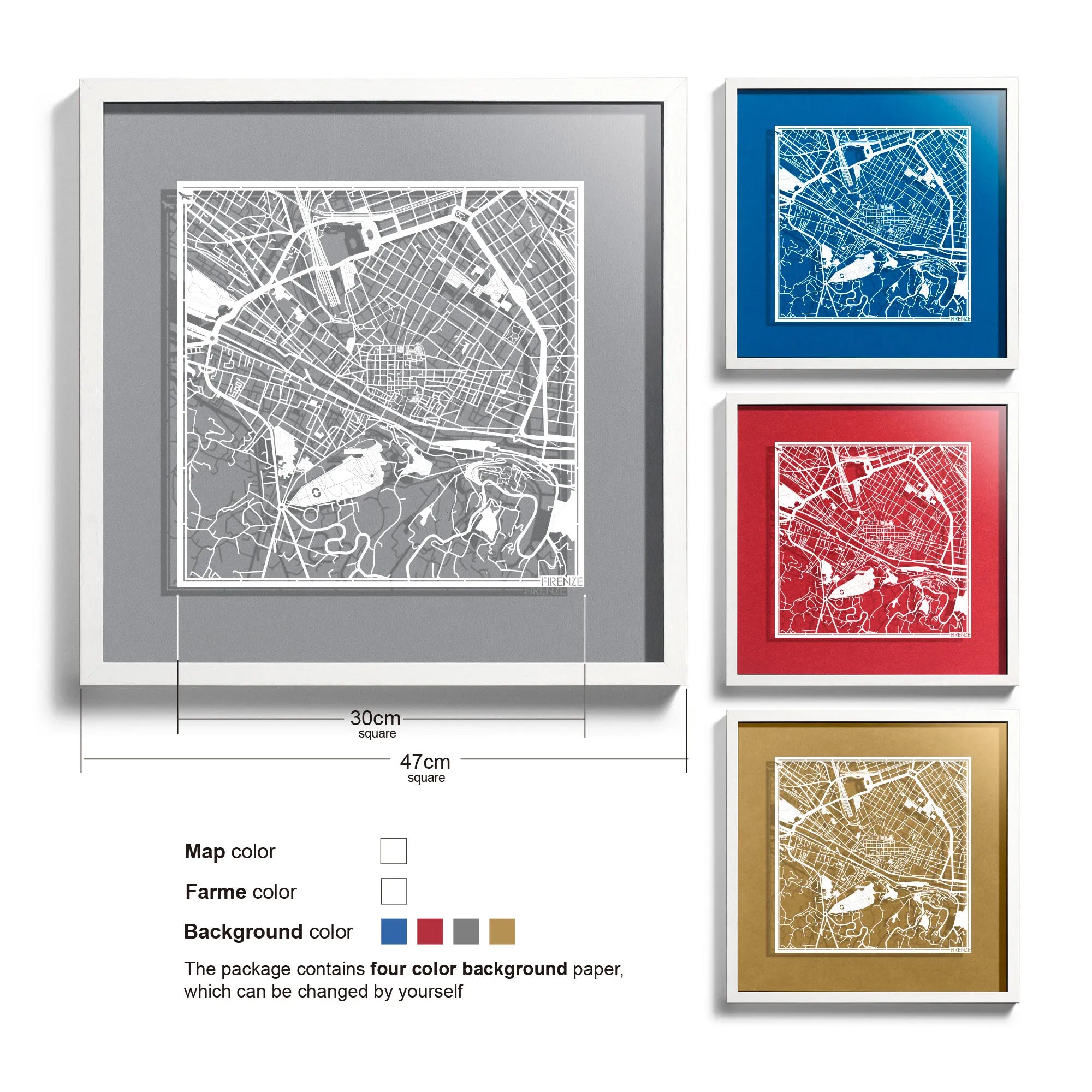 o3designstudio-Firenze-Paper-cut-map-framed-18-inch-White map / White frame-45MF3040WW