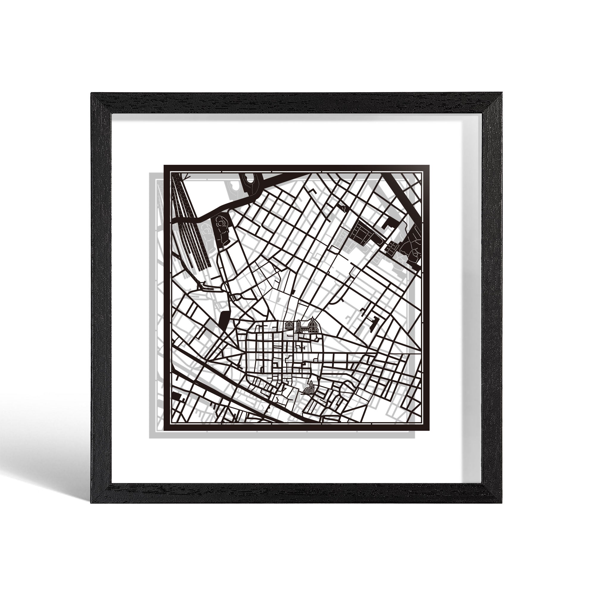 o3designstudio Firenze Paper cut map framed 9 inch Black map Black frame map art 22MF3040BB