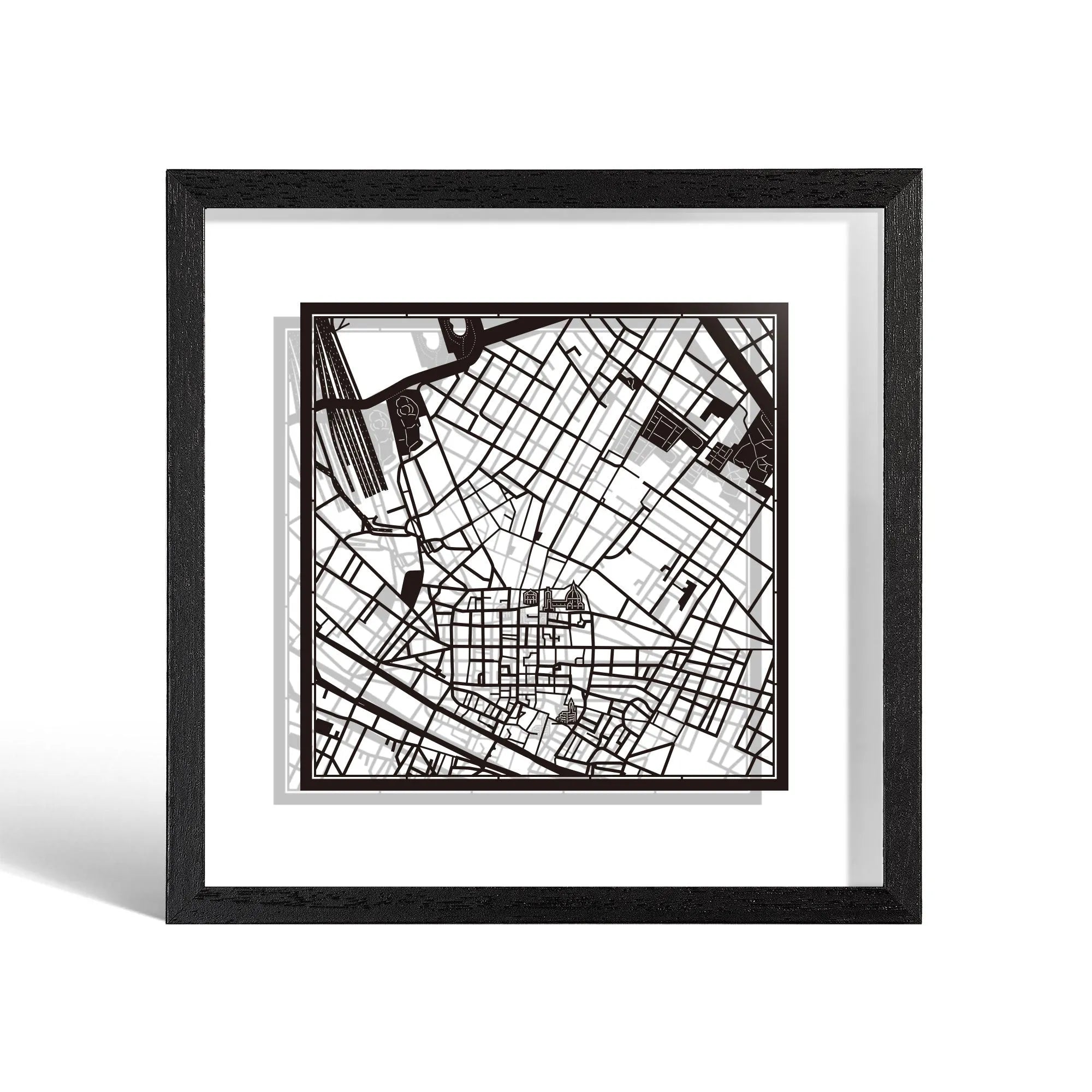 o3designstudio Firenze Paper cut map framed 9 inch Black map Black frame map art 22MF3040BB