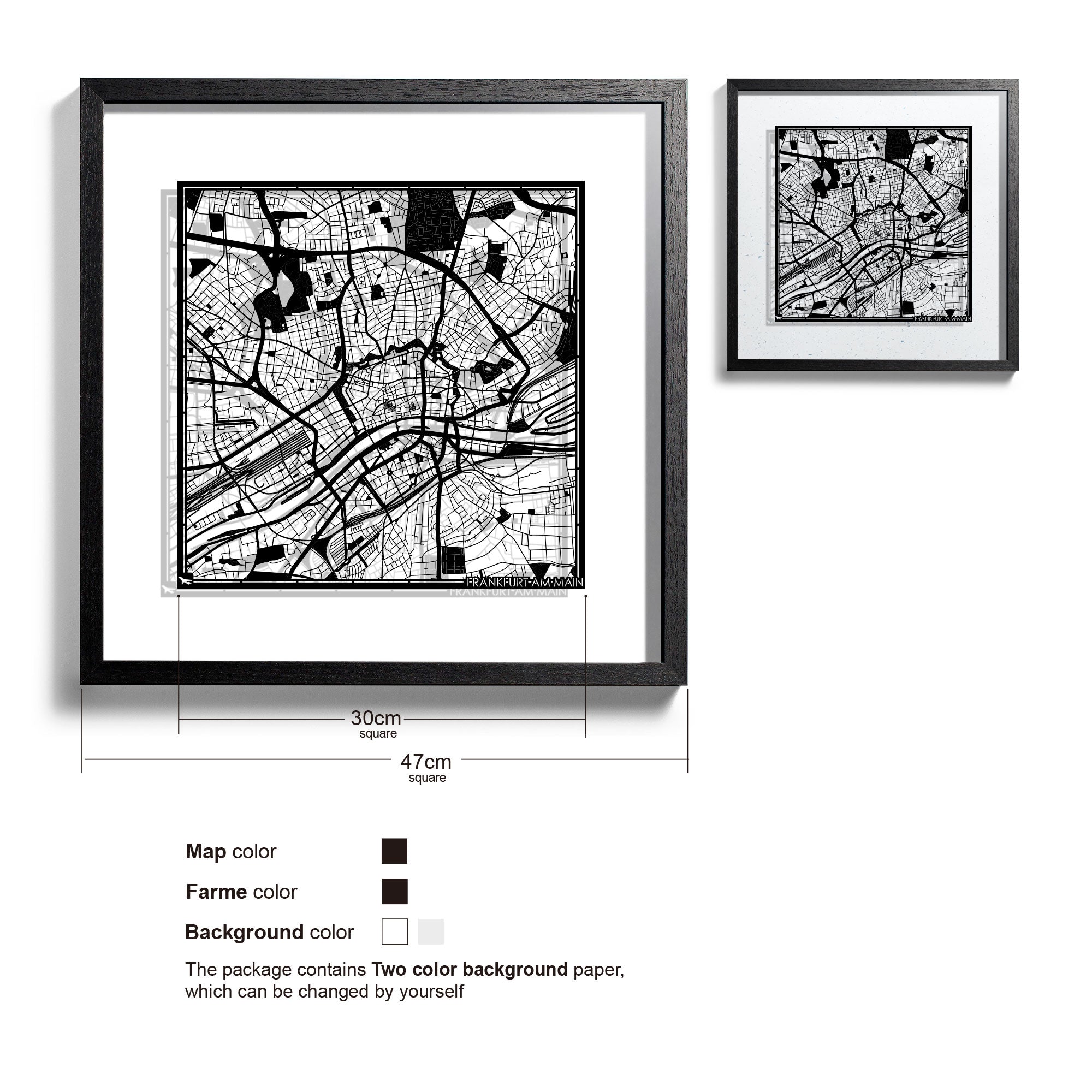 o3designstudio-Frankfurt am Main-Paper-cut-map-framed-18-inch-Black map Black frame-45MF3031BB