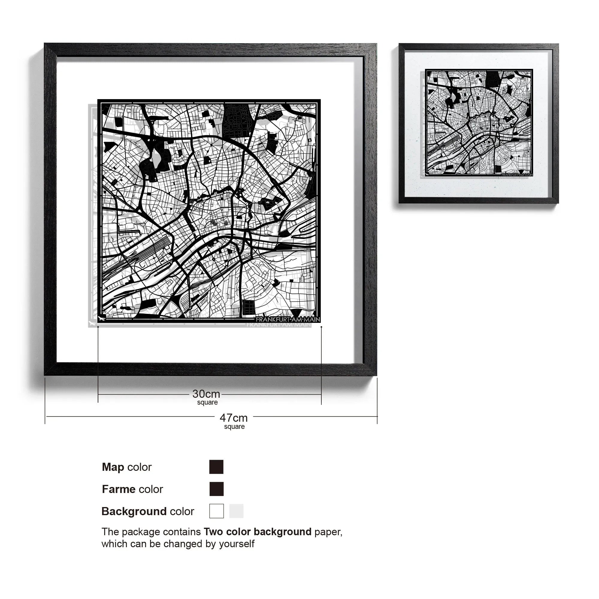o3designstudio-Frankfurt am Main-Paper-cut-map-framed-18-inch-Black map Black frame-45MF3031BB