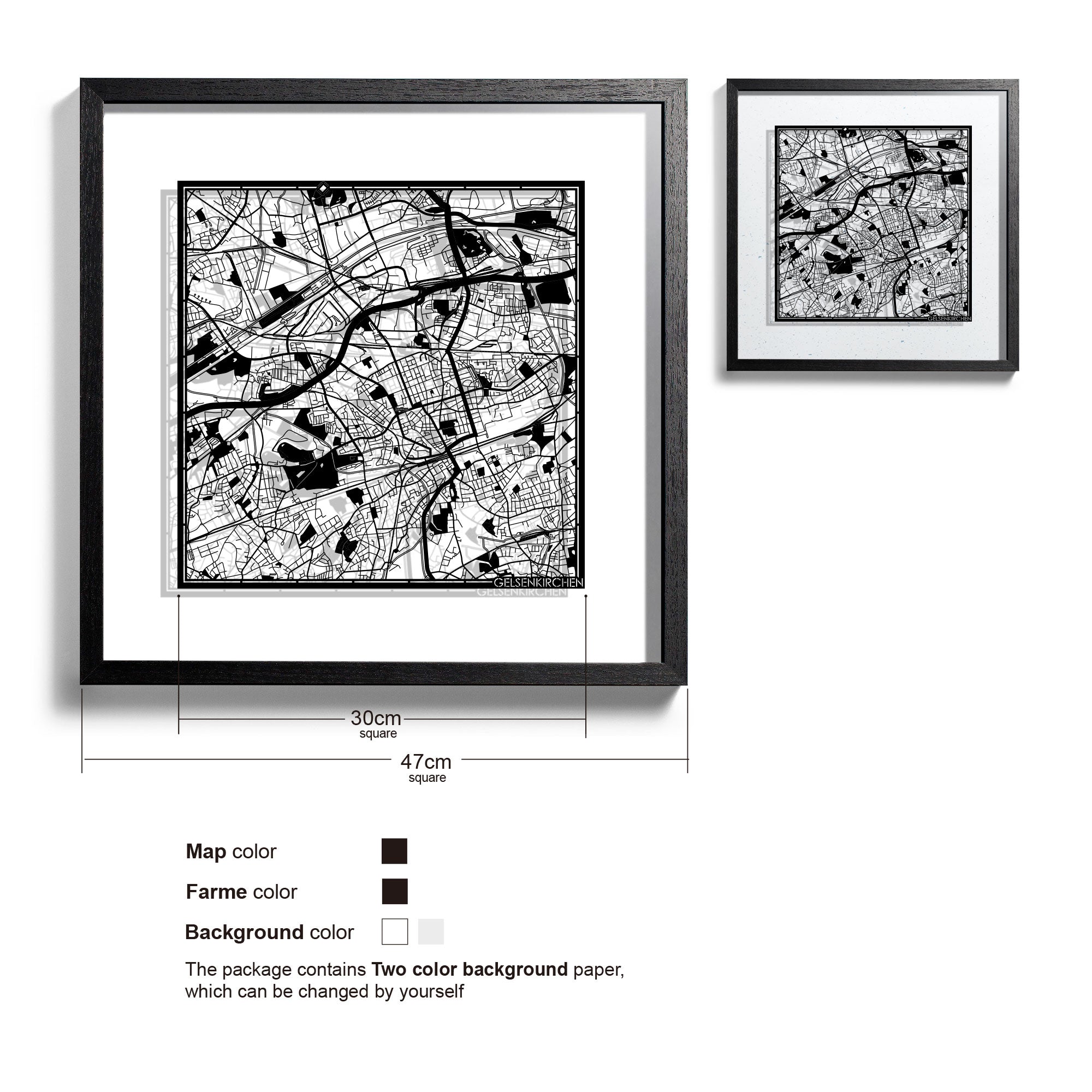 o3designstudio-Gelsenkirchen-Paper-cut-map-framed-18-inch-Black map Black frame-45MF3044BB