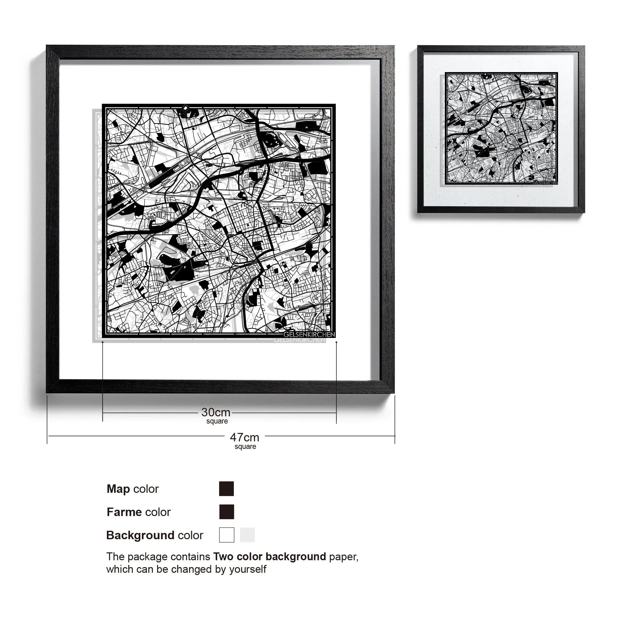 o3designstudio-Gelsenkirchen-Paper-cut-map-framed-18-inch-Black map Black frame-45MF3044BB