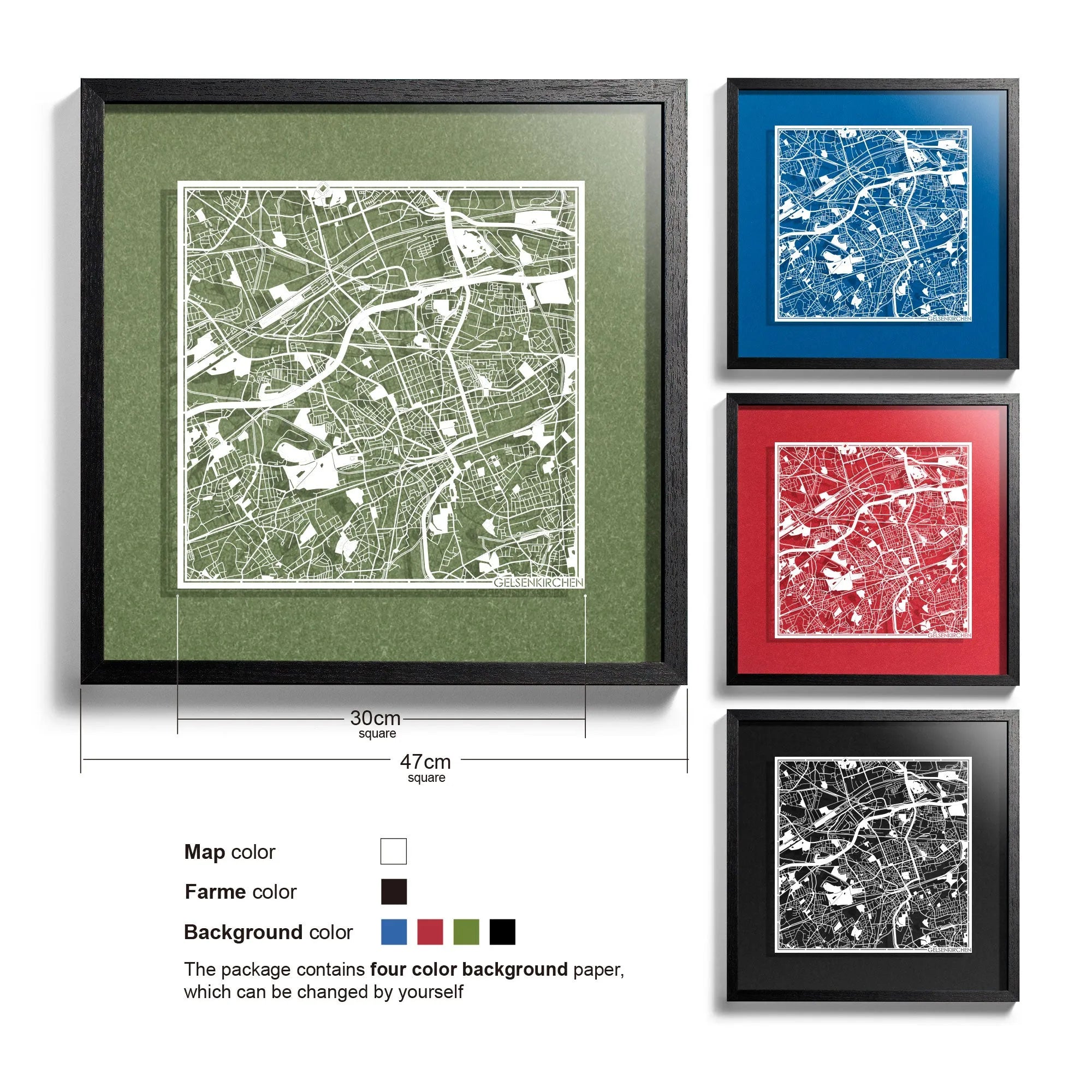 o3designstudio-Gelsenkirchen-Paper-cut-map-framed-18-inch-White map Black frame-45MF3044BW