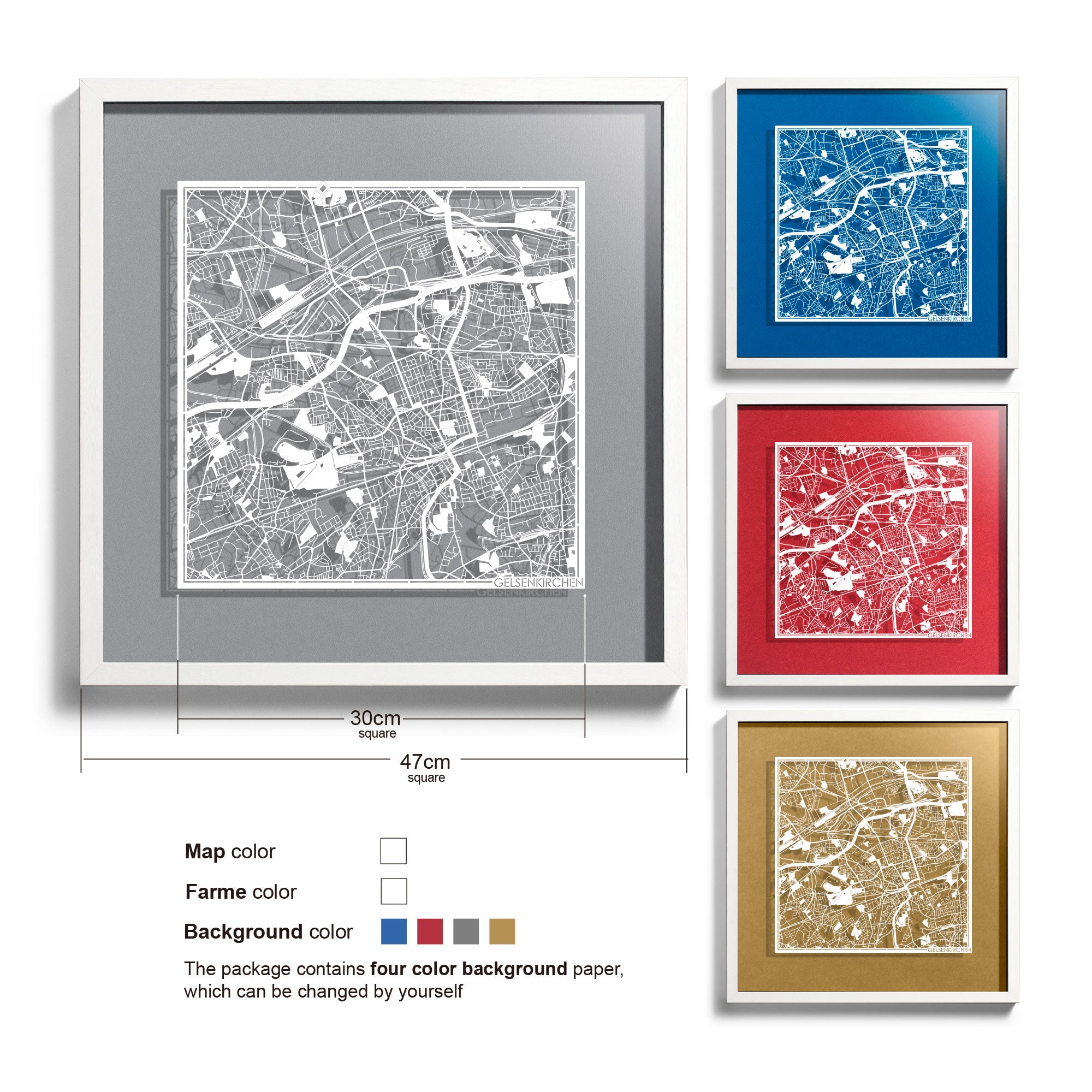 o3designstudio-Gelsenkirchen-Paper-cut-map-framed-18-inch-White map White frame-45MF3044WW