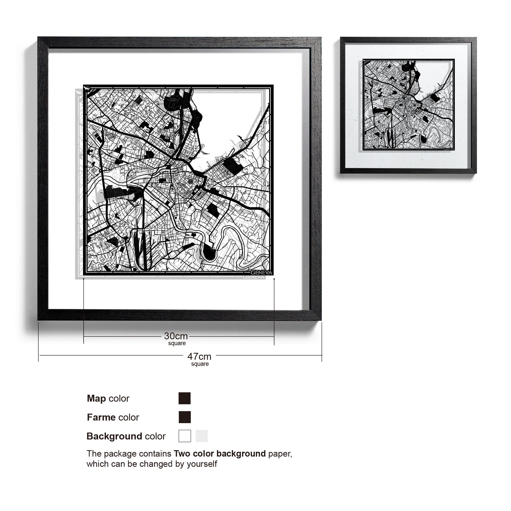 o3designstudio-Geneva-Paper-cut-map-framed-18-inch-Black map Black frame-45MF3059BB