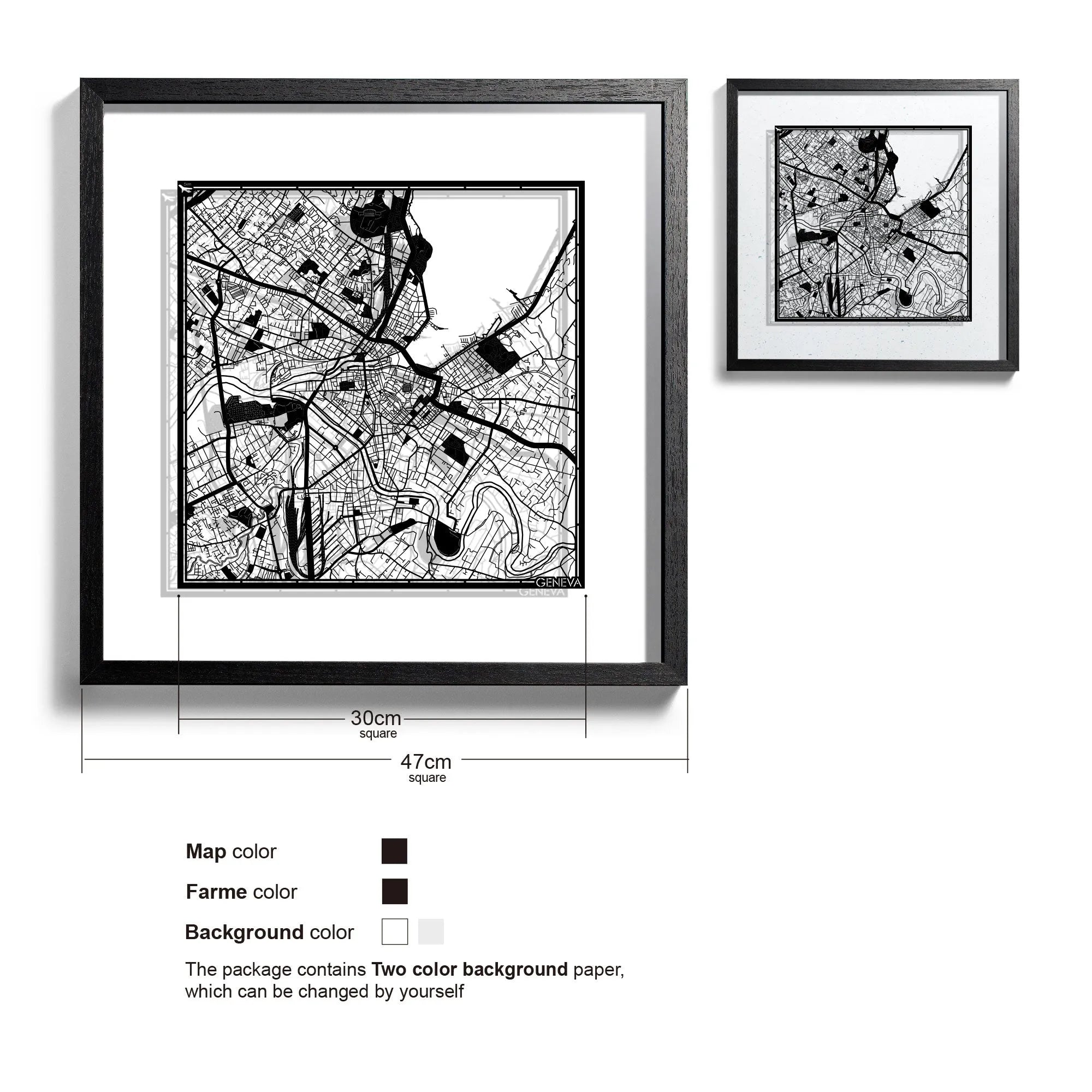 o3designstudio-Geneva-Paper-cut-map-framed-18-inch-Black map Black frame-45MF3059BB